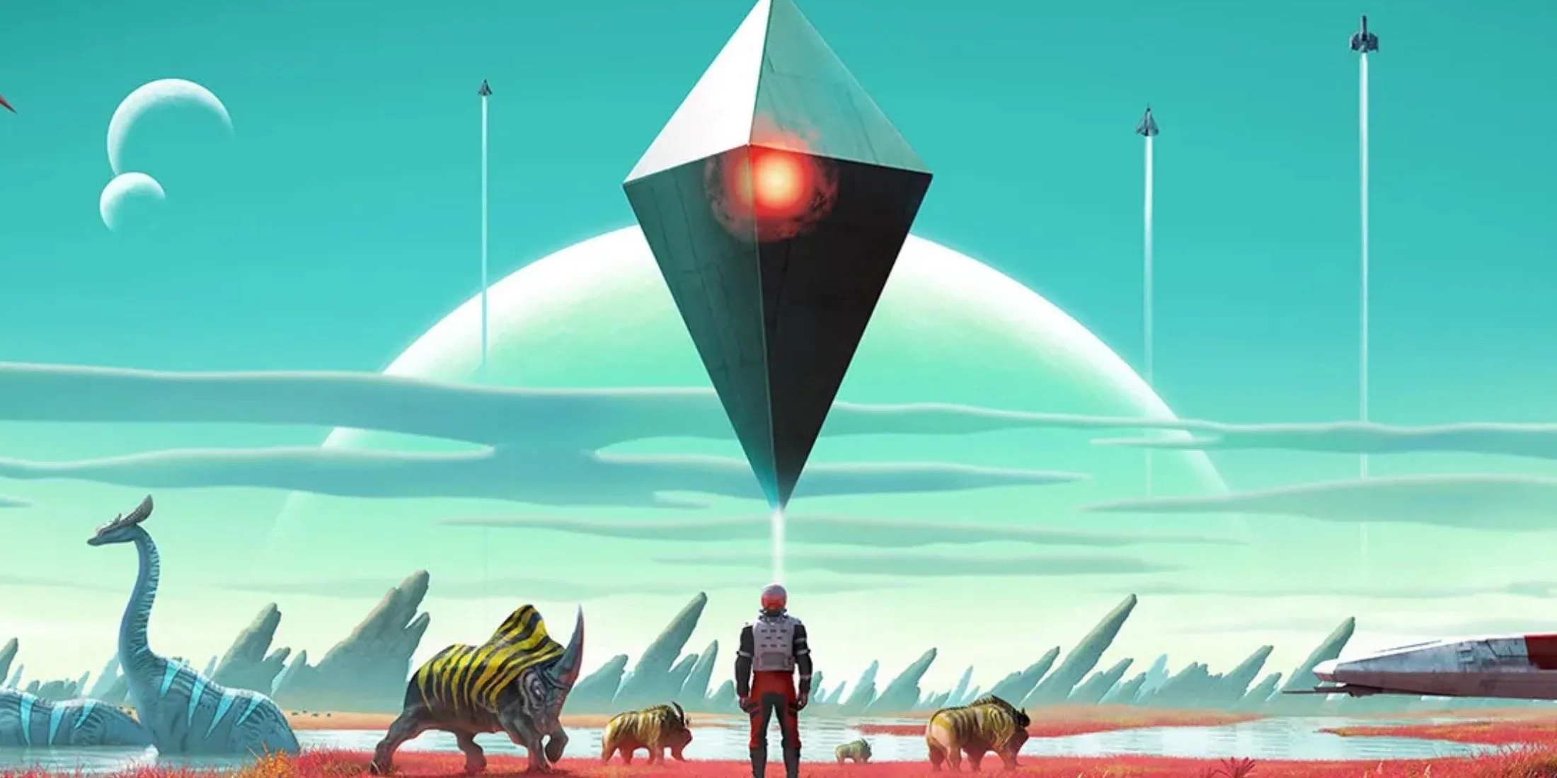 Hình ảnh game No Man's Sky với nhân vật đứng trước phong cảnh ngoài hành tinh rộng lớn, thể hiện đồ họa và thế giới mở được tạo theo quy trình