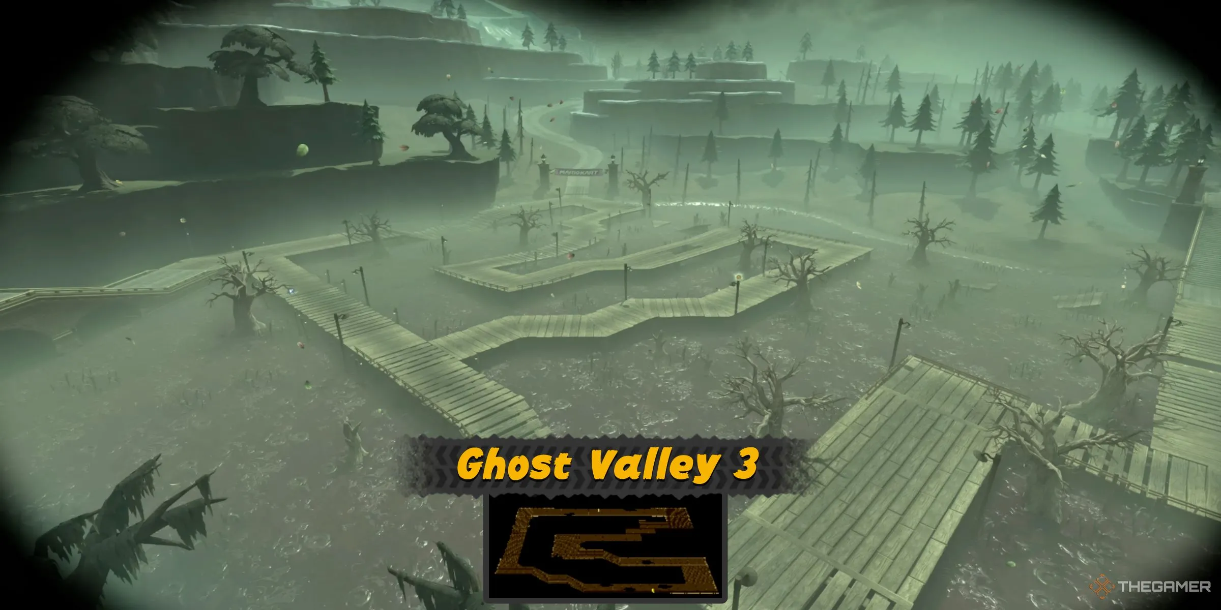 Hình ảnh Ghost Valley 3 từ Super Mario Kart được tái hiện trong Mario Kart World, xuất hiện gần khu vực Boo Cinema.