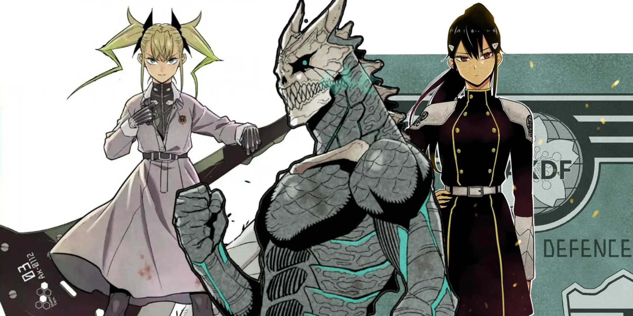 Hình ảnh Kafka Hibino, Mina Ashiro và Kikoru Shinomiya, ba nhân vật trọng tâm trong cốt truyện Kaiju No. 8, thể hiện các khía cạnh khác nhau của lực lượng phòng vệ.