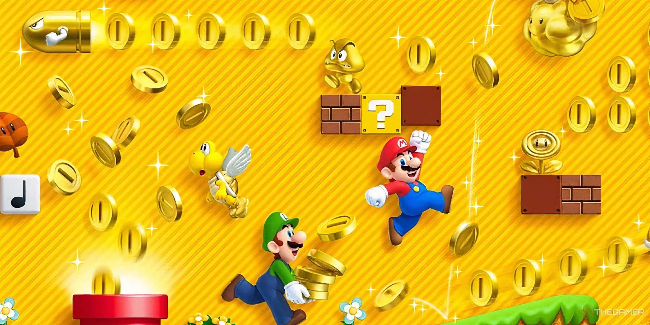 Hình ảnh Mario và Luigi thu thập tiền xu trong game New Super Mario Bros 2, tượng trưng cho niềm vui và thành quả trong thế giới game.