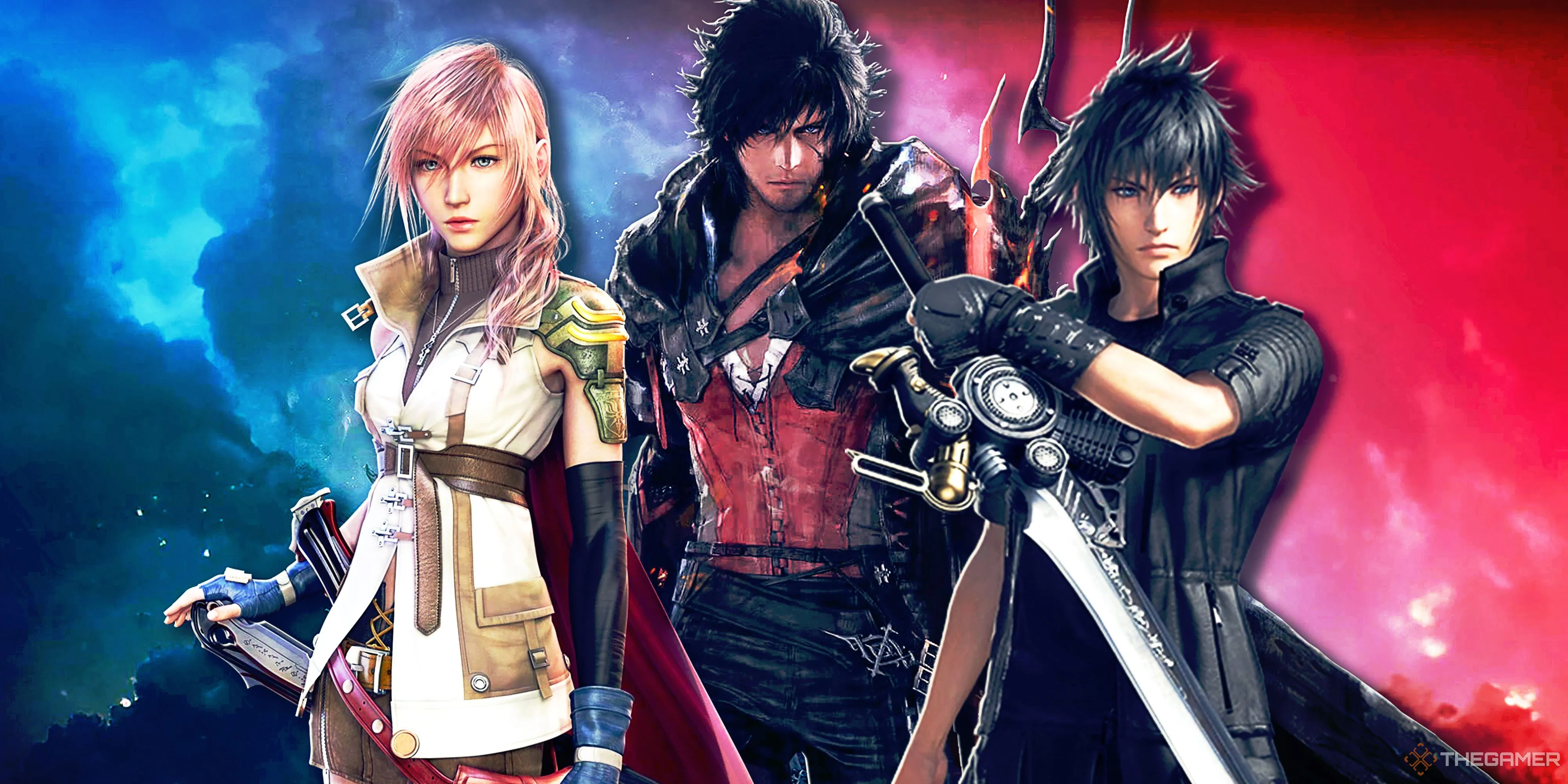 Hình ảnh minh họa các nhân vật nổi bật trong series Final Fantasy như Lightning (FF XIII), Clive Rosfield (FF XVI) và Noctis (FF XV)