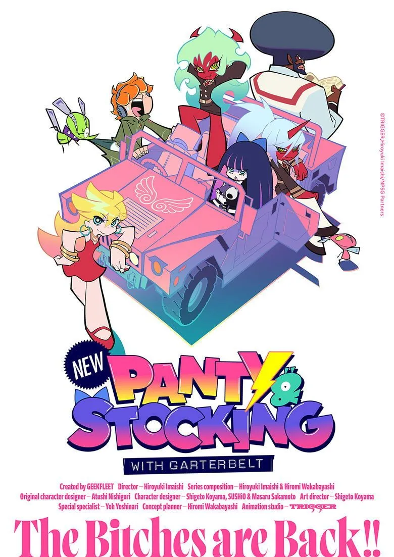 Hình ảnh quảng bá anime New Panty &amp; Stocking with Garterbelt, với phong cách nghệ thuật độc đáo và hài hước đặc trưng.