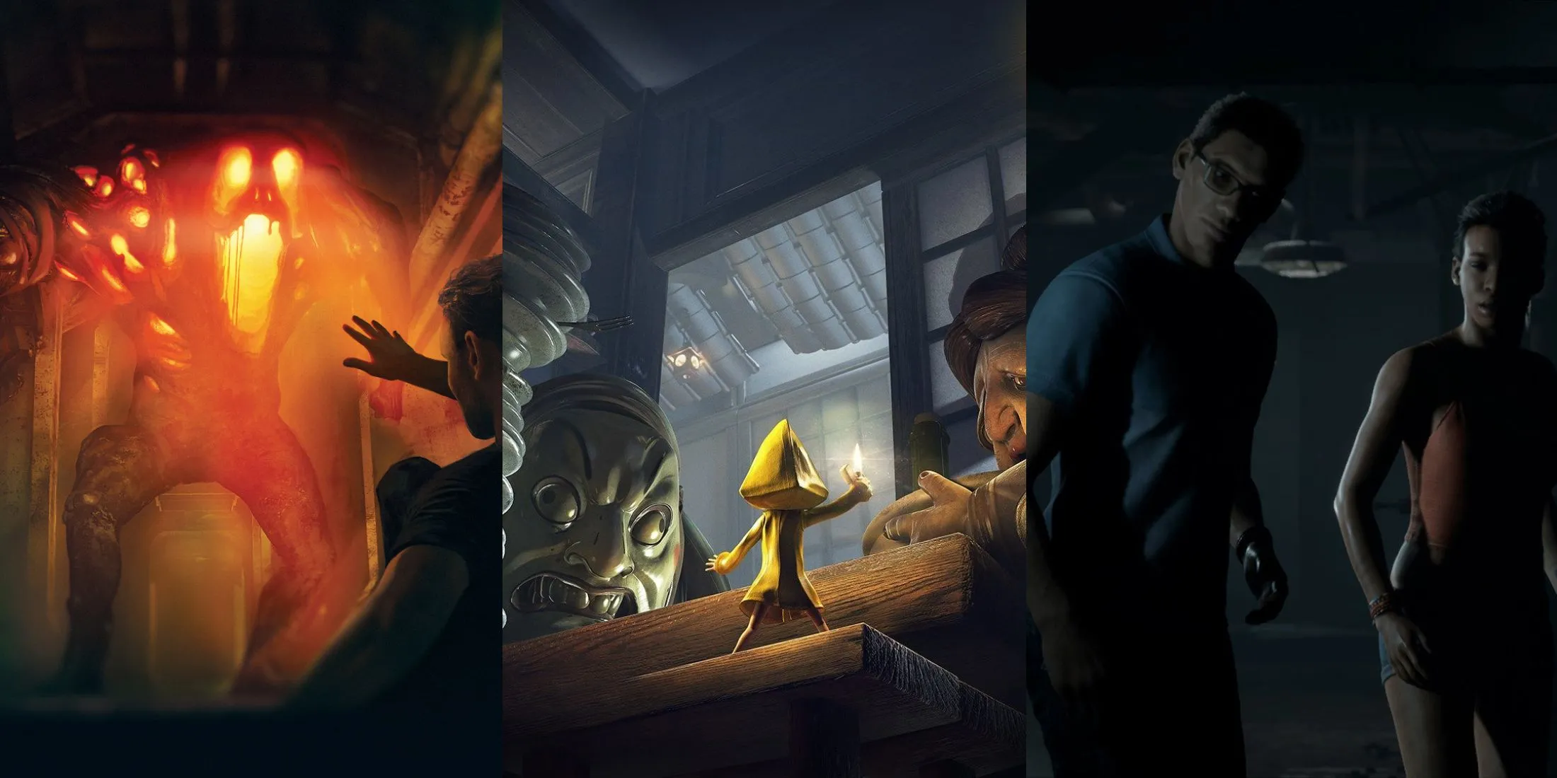 Hình ảnh so sánh các game kinh dị lấy bối cảnh trên tàu, bao gồm Monstrum, Little Nightmares và Man of Medan, thể hiện sự kết hợp giữa hội chứng sợ không gian hẹp và sợ biển sâu.