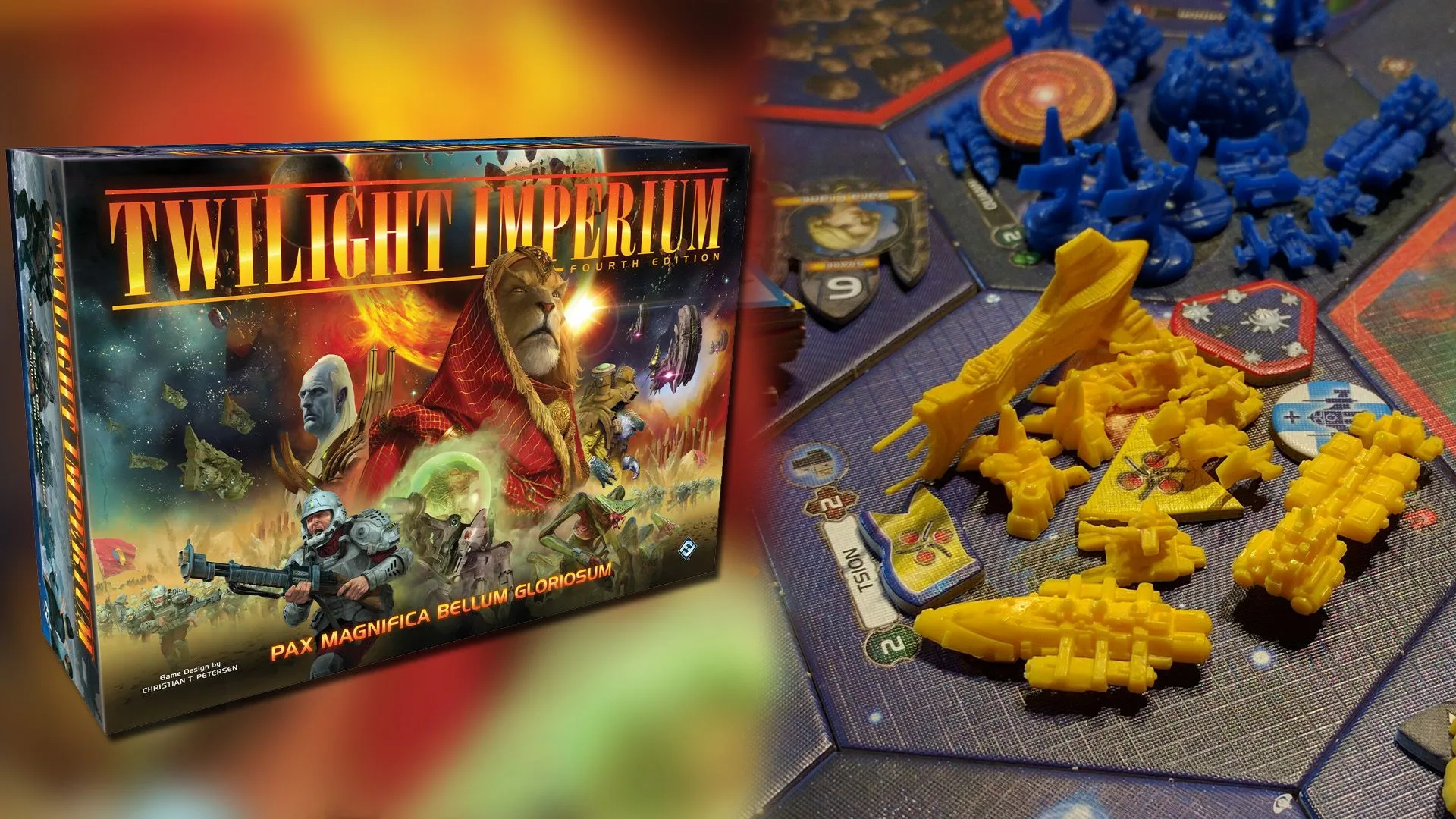Hộp và các mô hình quân của board game Twilight Imperium, một tựa game chiến thuật không gian nổi tiếng.