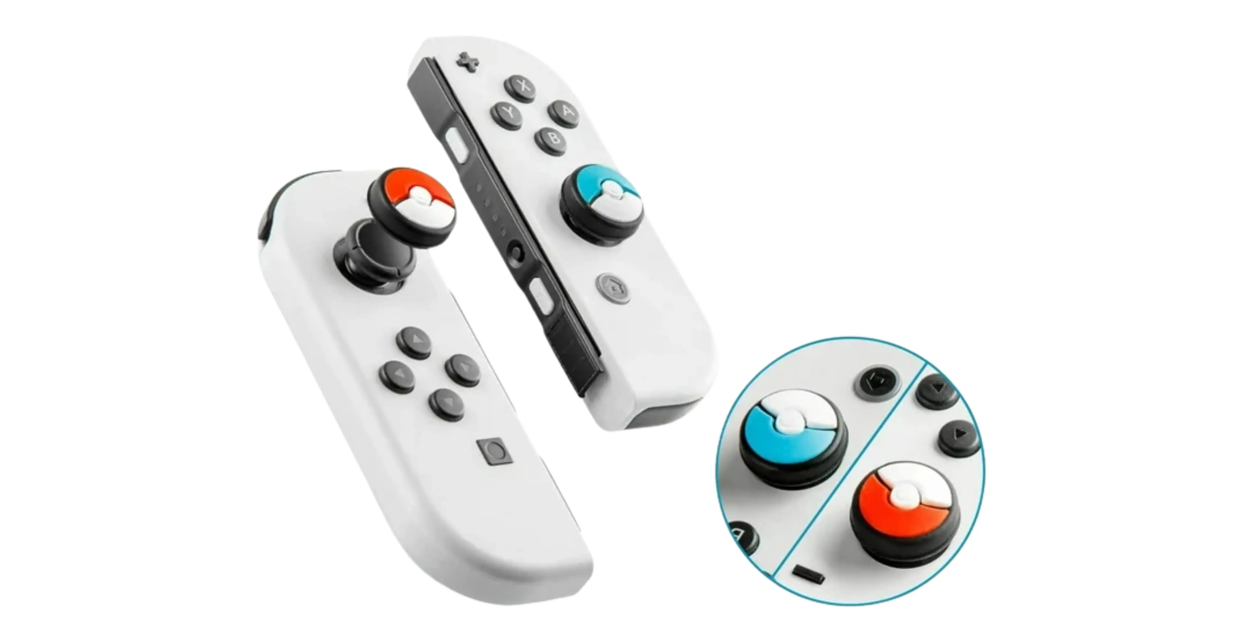 Joy-Con của Nintendo Switch được gắn bọc cần analog hình quả Pokeball, tăng cường độ bám và tính thẩm mỹ.