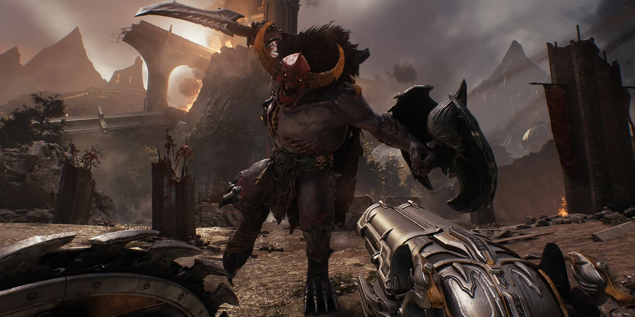 Khiên và Super Shotgun trong Doom: The Dark Ages, thể hiện phong cách chiến đấu mới