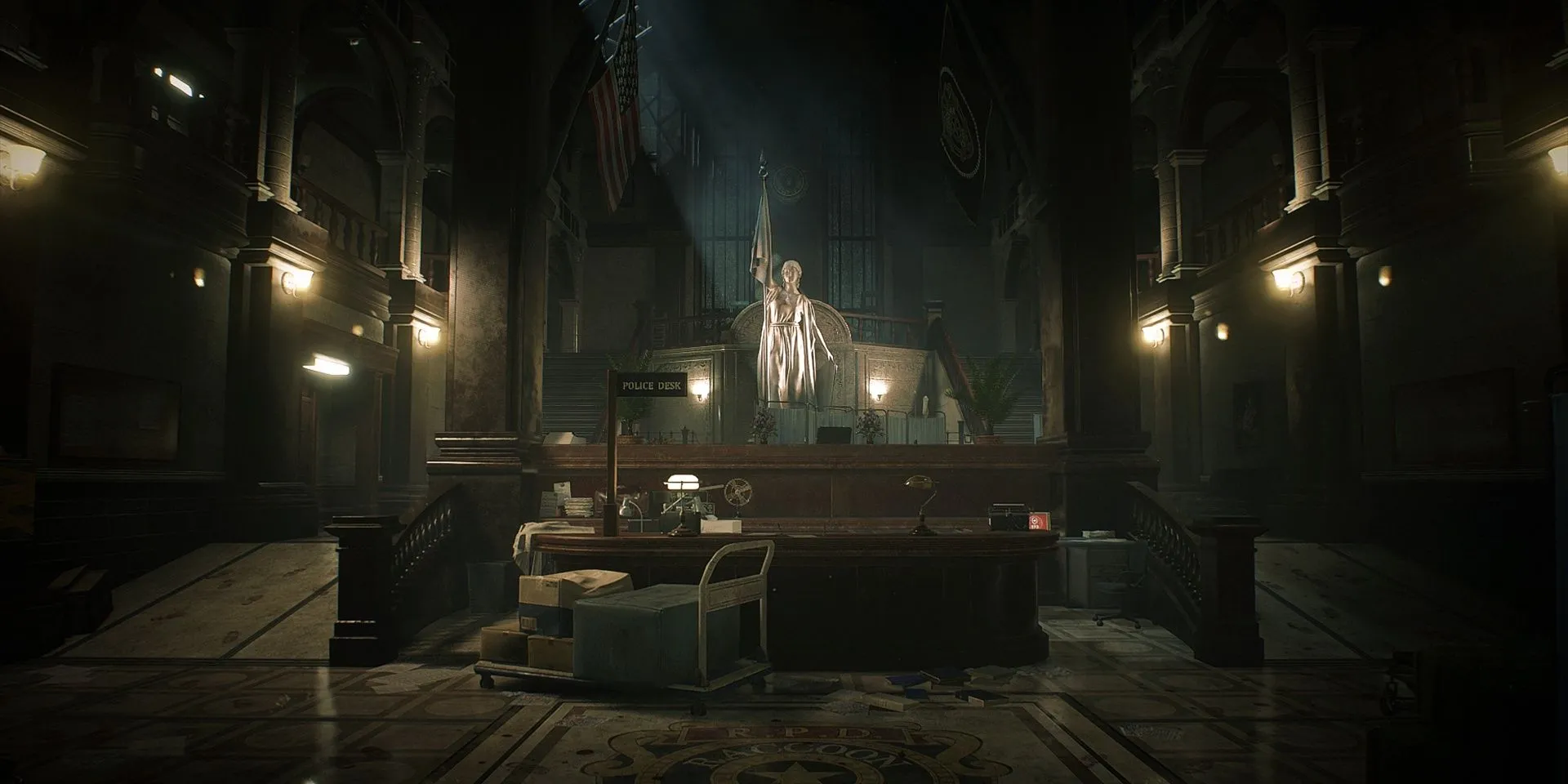 Khu vực sảnh chính của Sở Cảnh sát Raccoon City trong Resident Evil 2 Remake