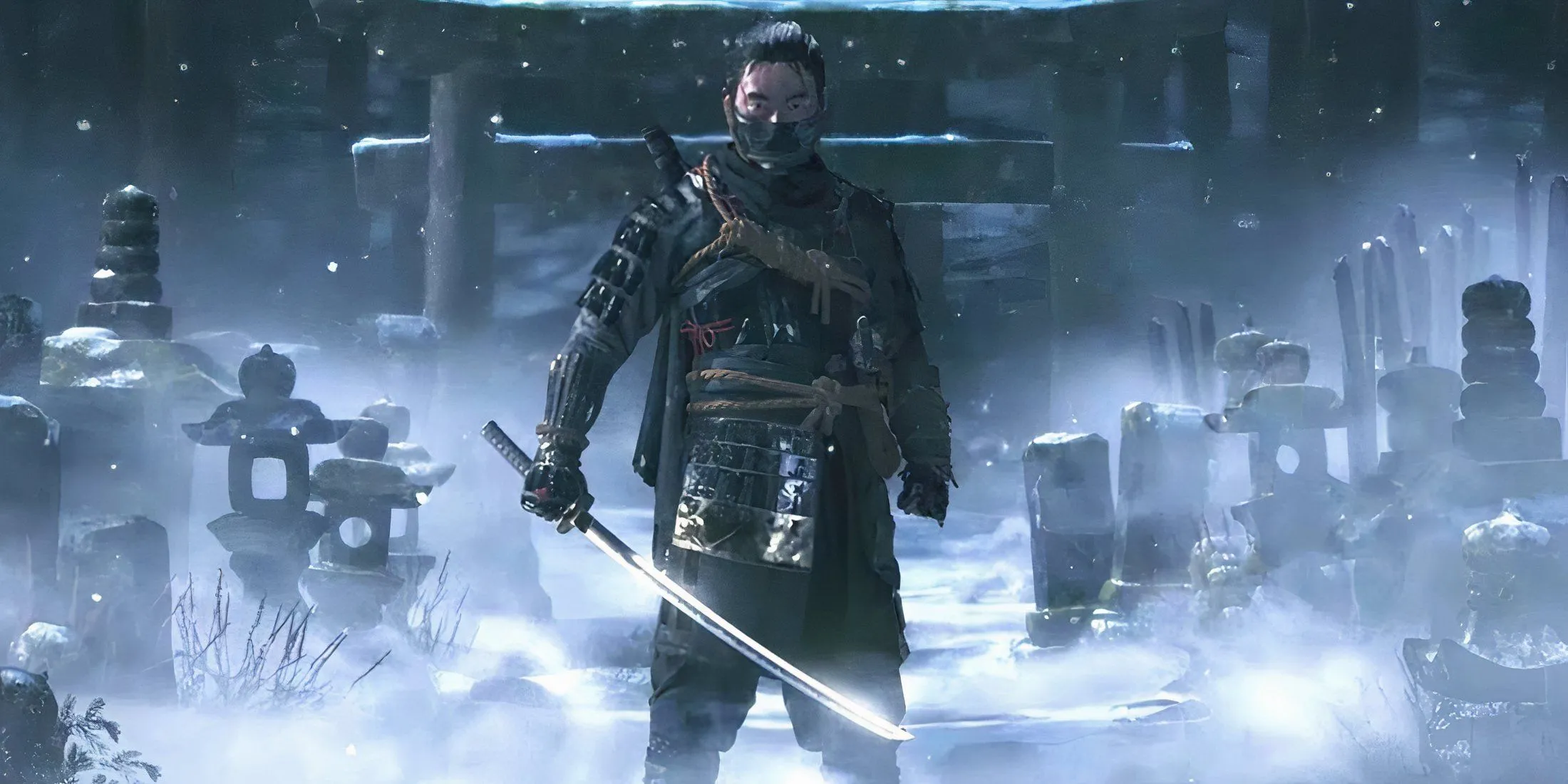 Khung cảnh đảo Tsushima phủ tuyết trong cuộc xâm lược Mông Cổ được tái hiện qua Ghost of Tsushima