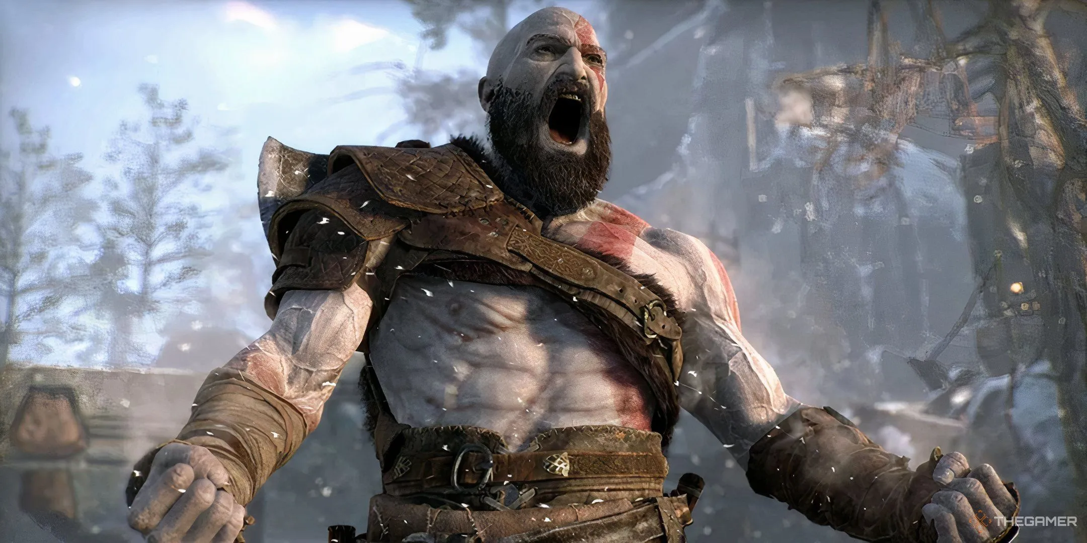 Kratos với vẻ mặt tức giận trong một phân cảnh của God of War Ragnarok, thể hiện khía cạnh u sầu và giận dữ của nhân vật người cha khó tính trong dòng game God of War.