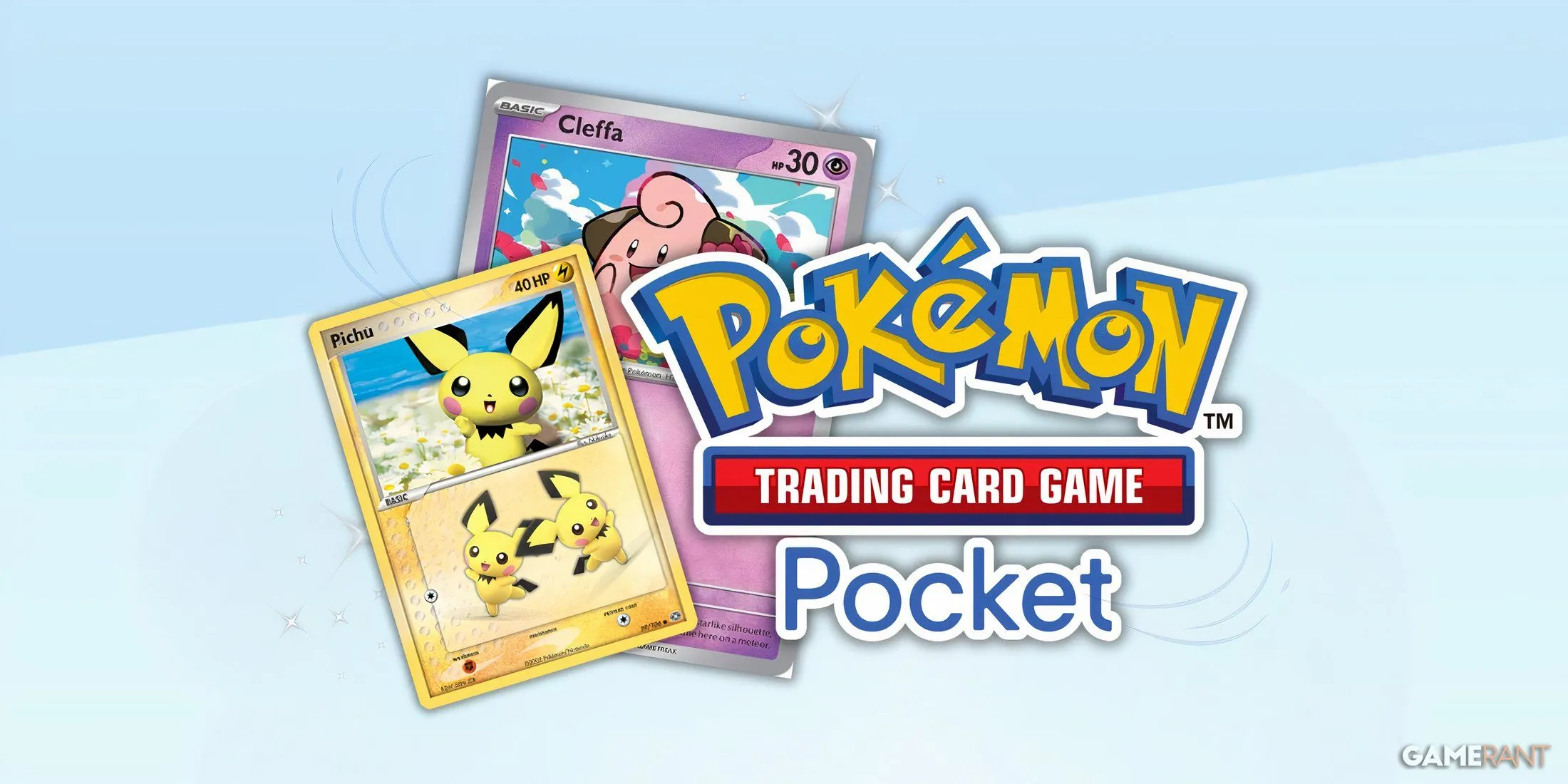 Logo game Pokemon TCG Pocket cùng các lá bài Baby Pokemon Pichu và Cleffa, minh họa giao diện gameplay trên thiết bị di động.
