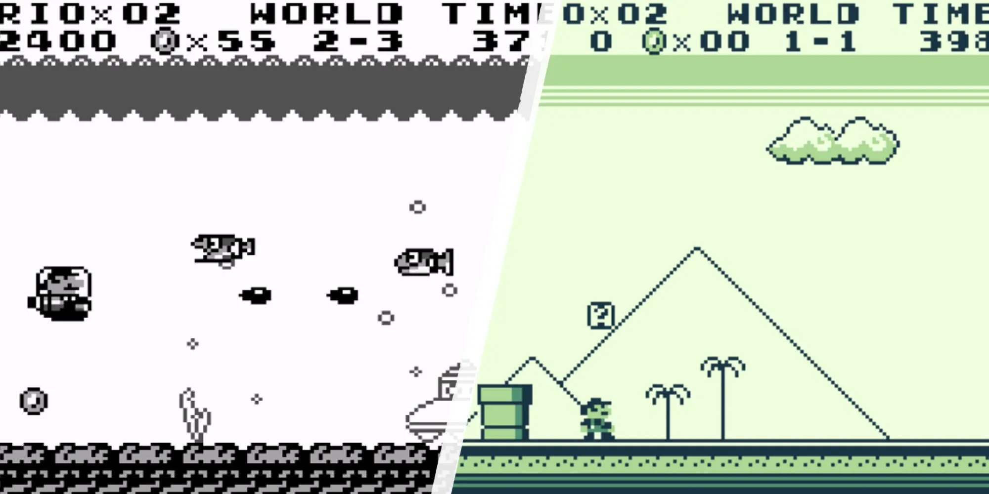 Mario bay trong màn chơi súng và gần kim tự tháp trong Super Mario Land trên Game Boy, minh họa các yếu tố độc đáo của game.