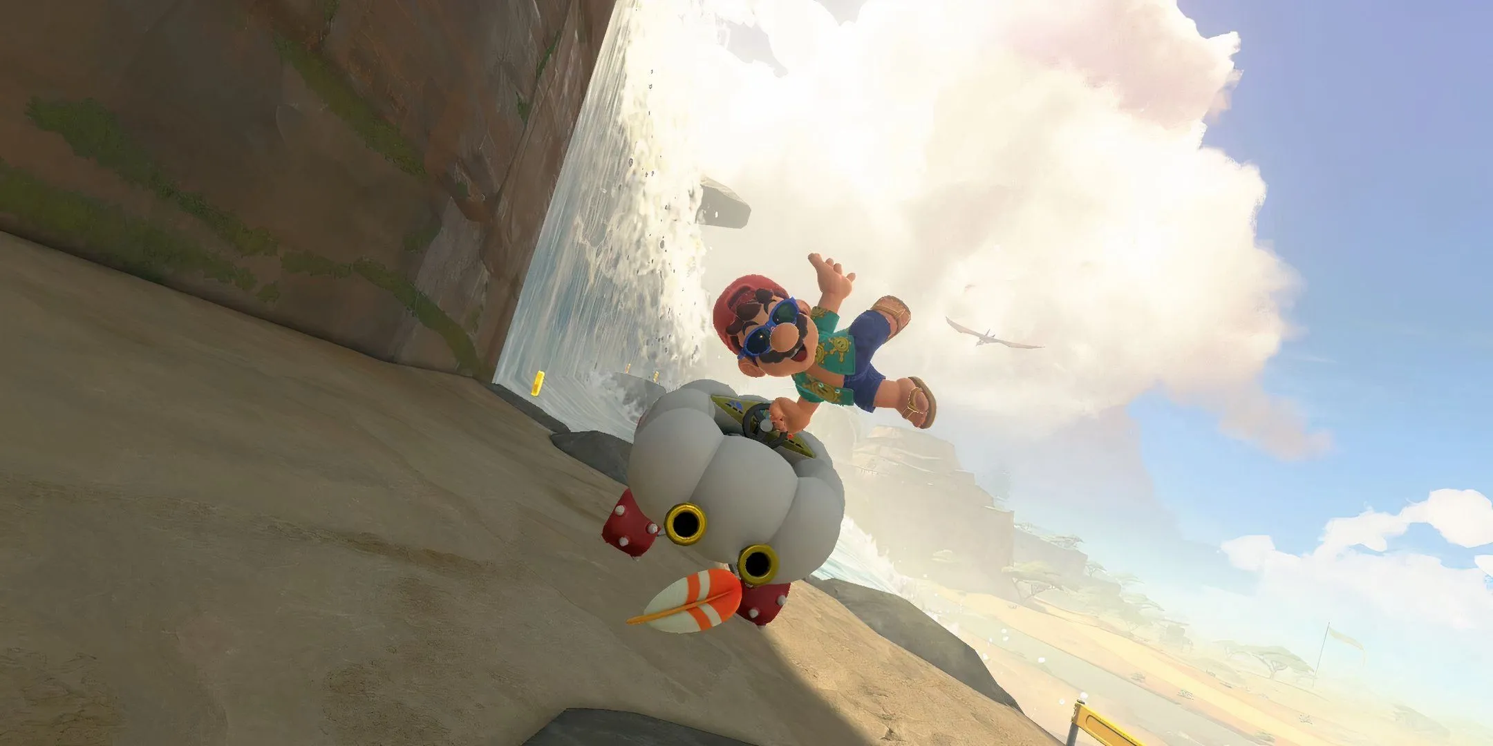 Mario dùng vật phẩm Feather để phòng thủ gần thác nước trong Mario Kart World.