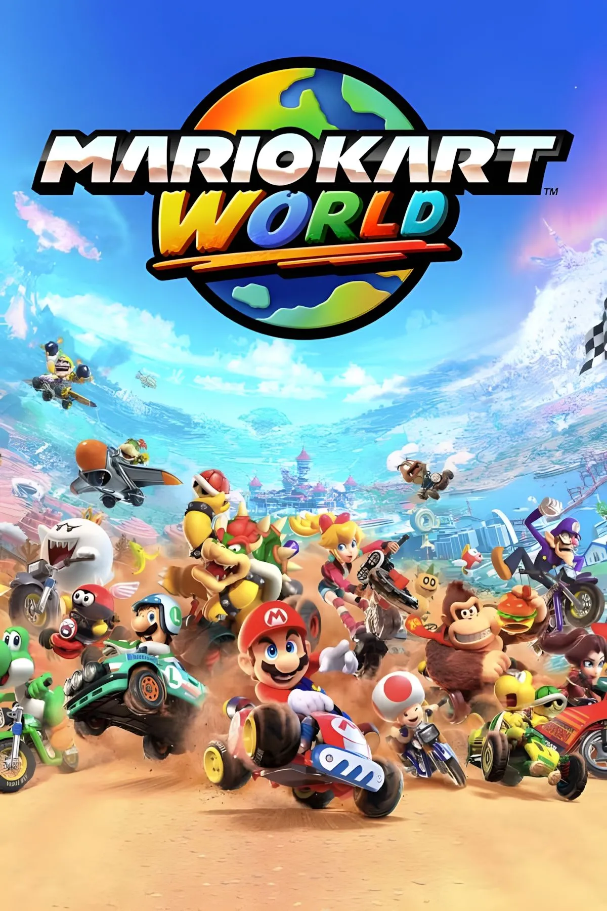 Mario Kart World hình ảnh chính, thể hiện các nhân vật đua xe