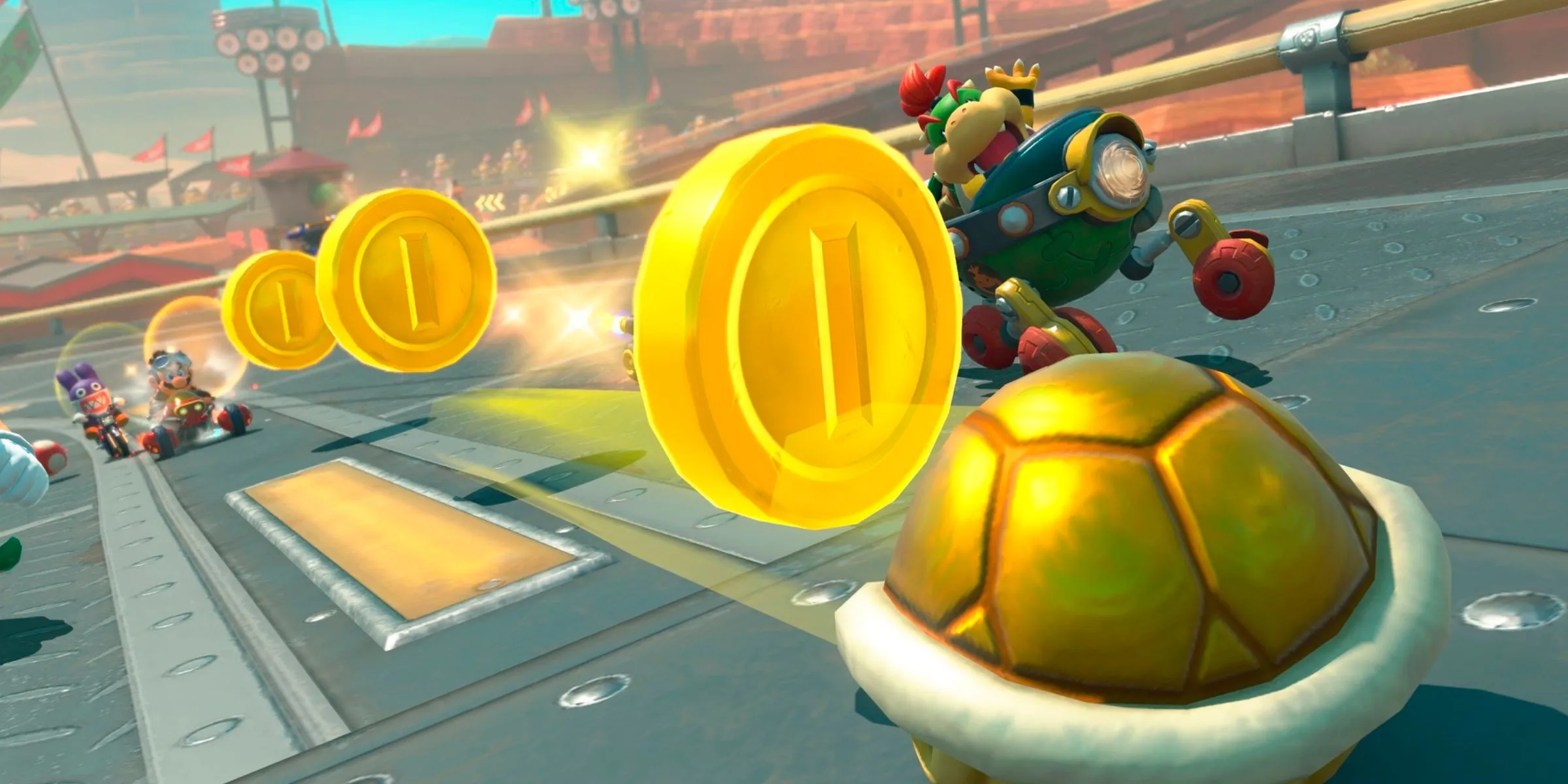 Mario ném vật phẩm Coin Shell về phía Bowser Jr. trên đường đua Mario Bros Circuit trong Mario Kart World.
