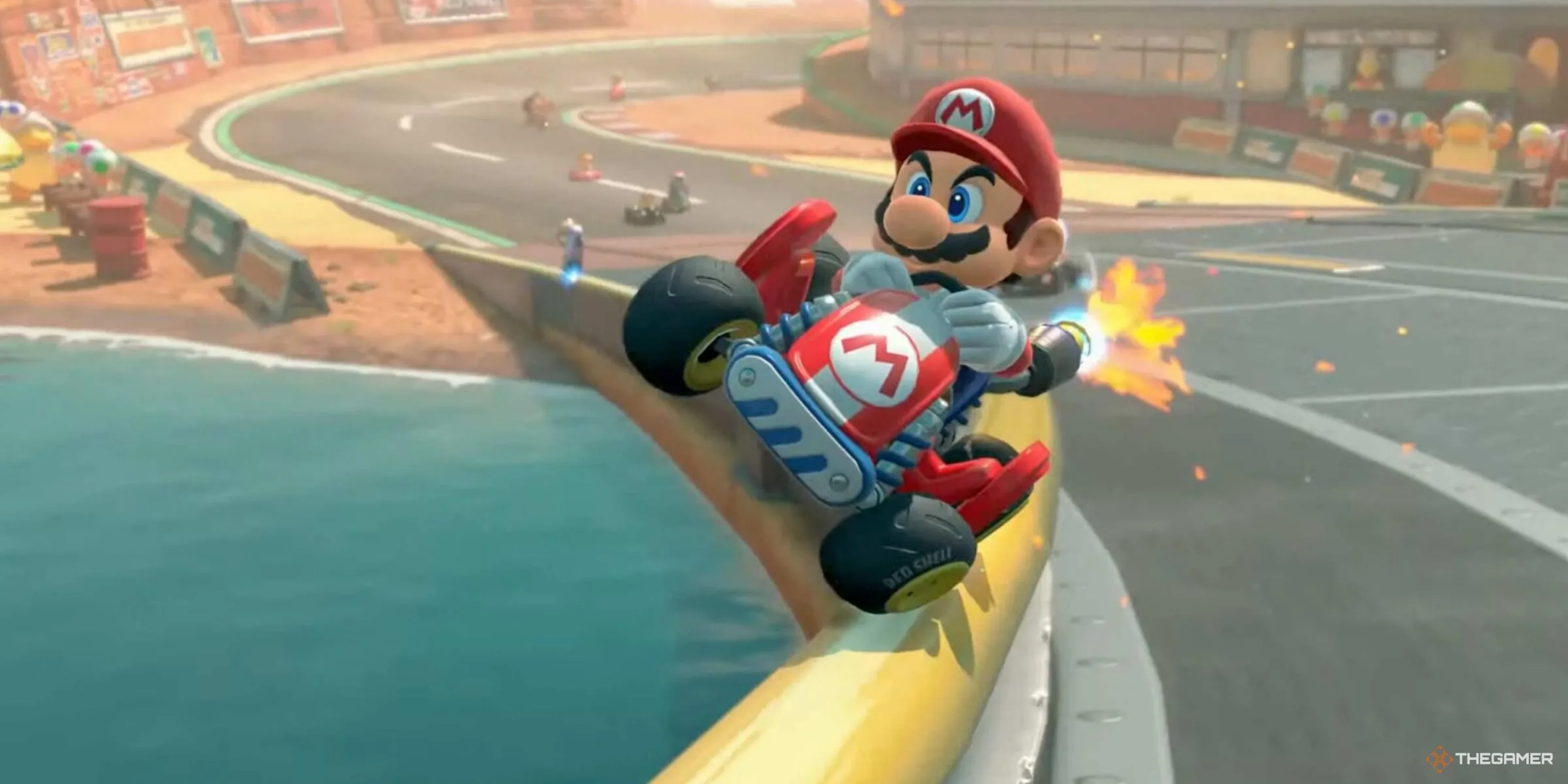 Mario thực hiện Rail Grind quanh khúc cua trên đường đua Mario Bros Circuit trong Mario Kart World.