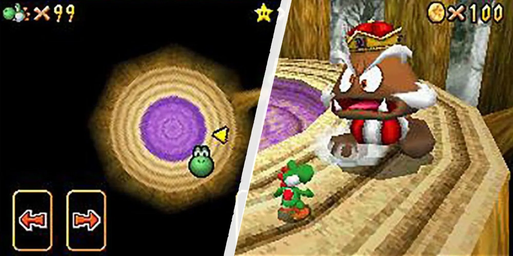 Minimap và cảnh đối đầu với boss Goomba King trong Super Mario 64 DS trên Nintendo DS, thể hiện đồ họa 3D và cấu trúc màn chơi của bản remake.