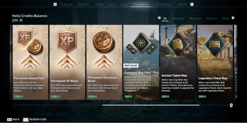 Mô tả: Cửa hàng vật phẩm Microtransactions trong game Assassins Creed Odyssey, hiển thị các gói vật phẩm khác nhau có thể mua bằng tiền thật, minh họa cho hình thức giao dịch trong game.