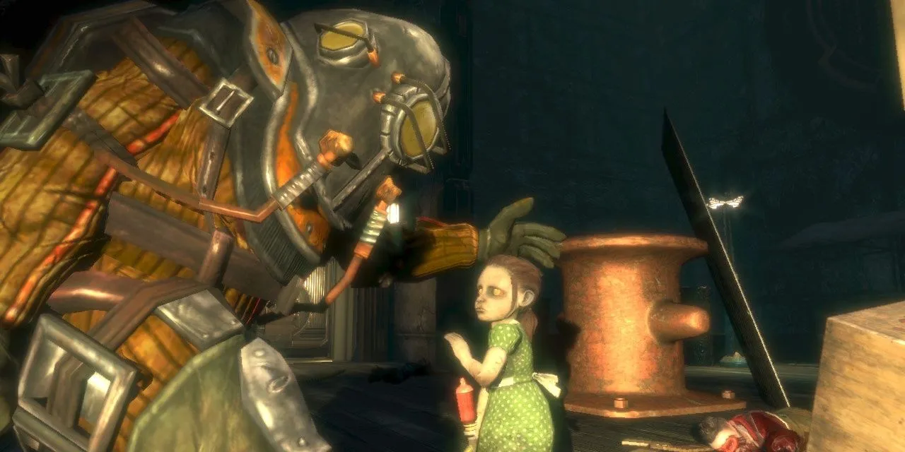 Một Big Daddy bảo vệ Little Sister trong game BioShock