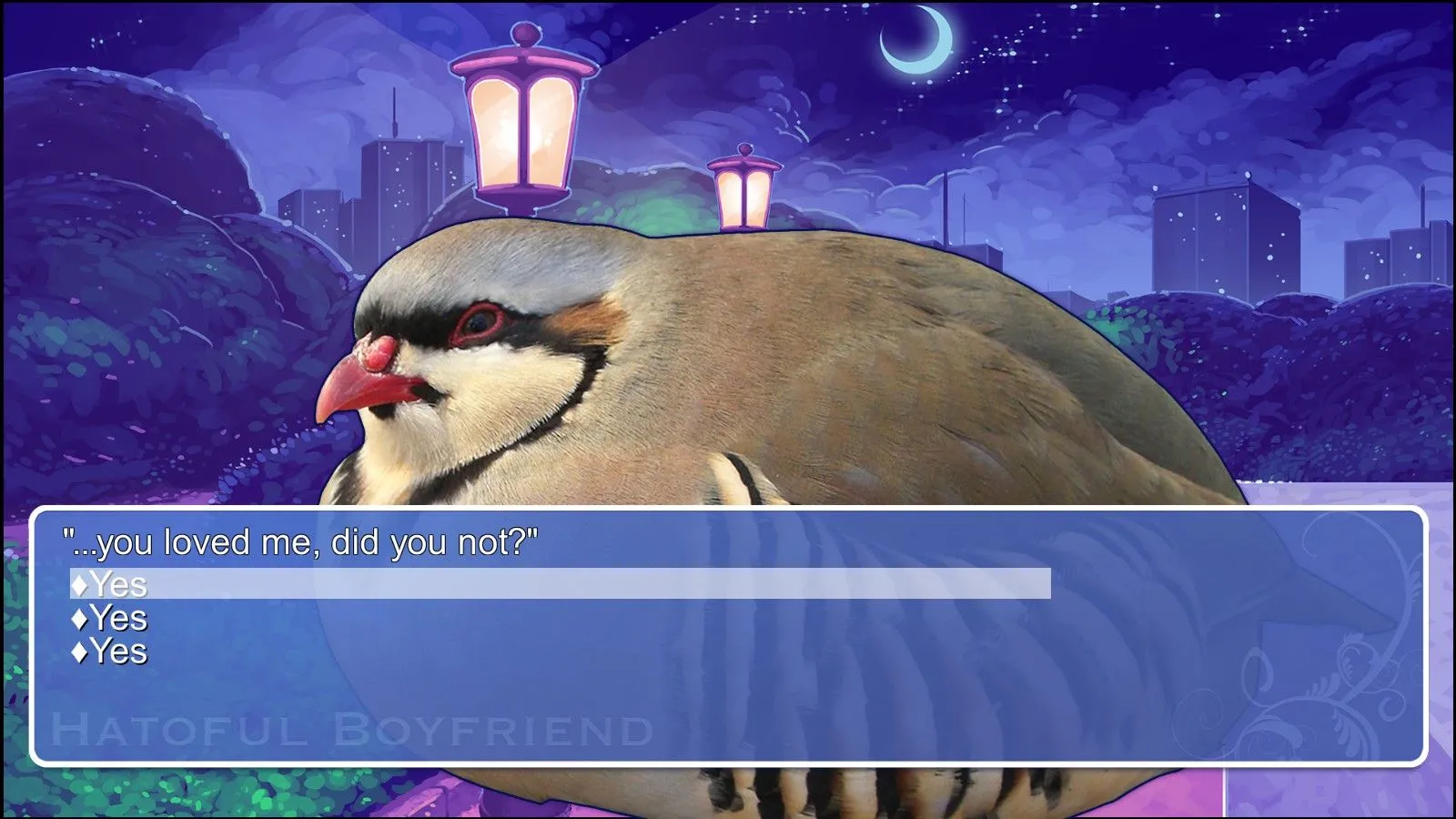 Một chú chim bồ câu lớn đang &quot;tán tỉnh&quot; trong Hatoful Boyfriend, trò chơi mô phỏng hẹn hò chim