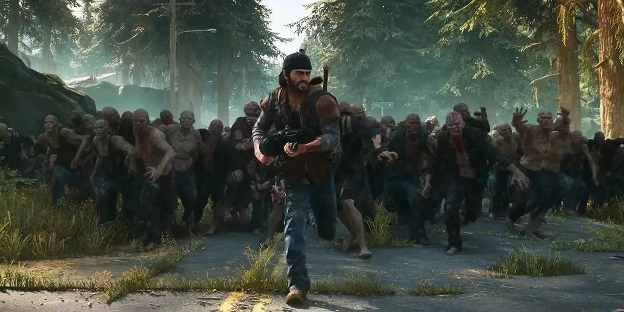 Một đám đông Freakers khổng lồ đang truy đuổi Deacon trong Days Gone Remastered, minh họa quy mô thế giới mở của game nhưng cũng ngụ ý về một trải nghiệm cốt truyện đôi khi kéo dài và dễ gây nản.