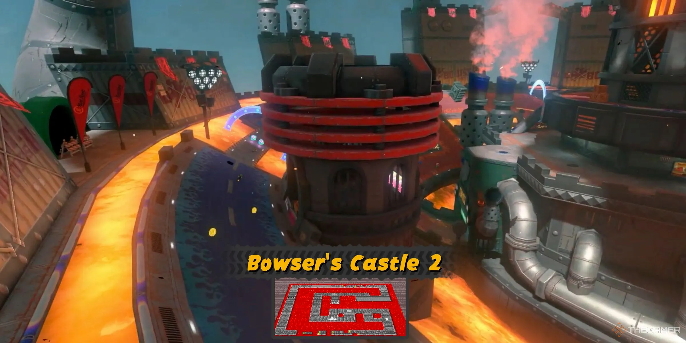 Một đường đua ẩn mô phỏng Bowser's Castle 2 từ Super Mario Kart, được tìm thấy trong Free Roam của Mario Kart World, gần Lâu đài Bowser.