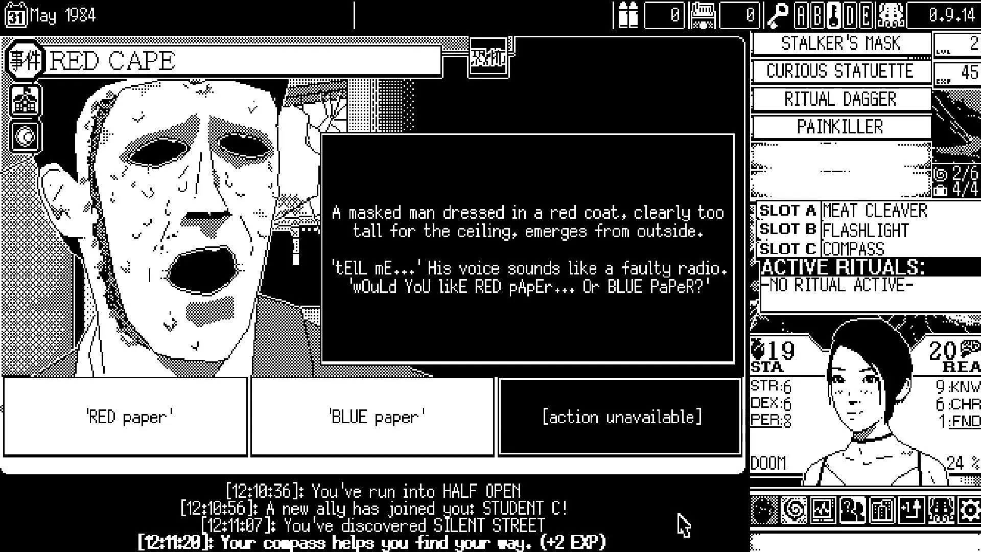 Một hình ảnh minh họa từ World of Horror, cho thấy sự rùng rợn của các thực thể kỳ dị được tạo hình qua đồ họa 1-bit, tăng cường yếu tố kinh dị Lovecraftian.