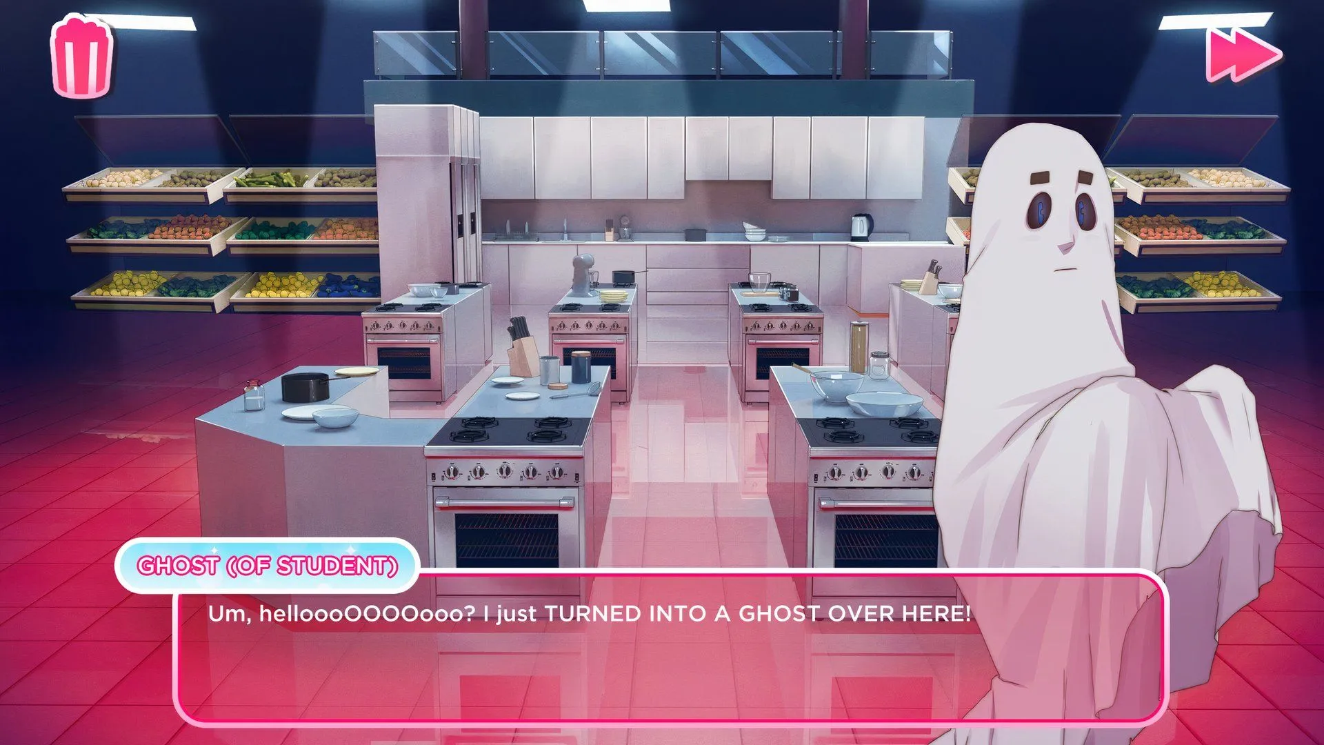 Một học sinh ma trong nhà bếp của game I Love You, Colonel Sanders!, cho thấy tính chất siêu nhiên của trường