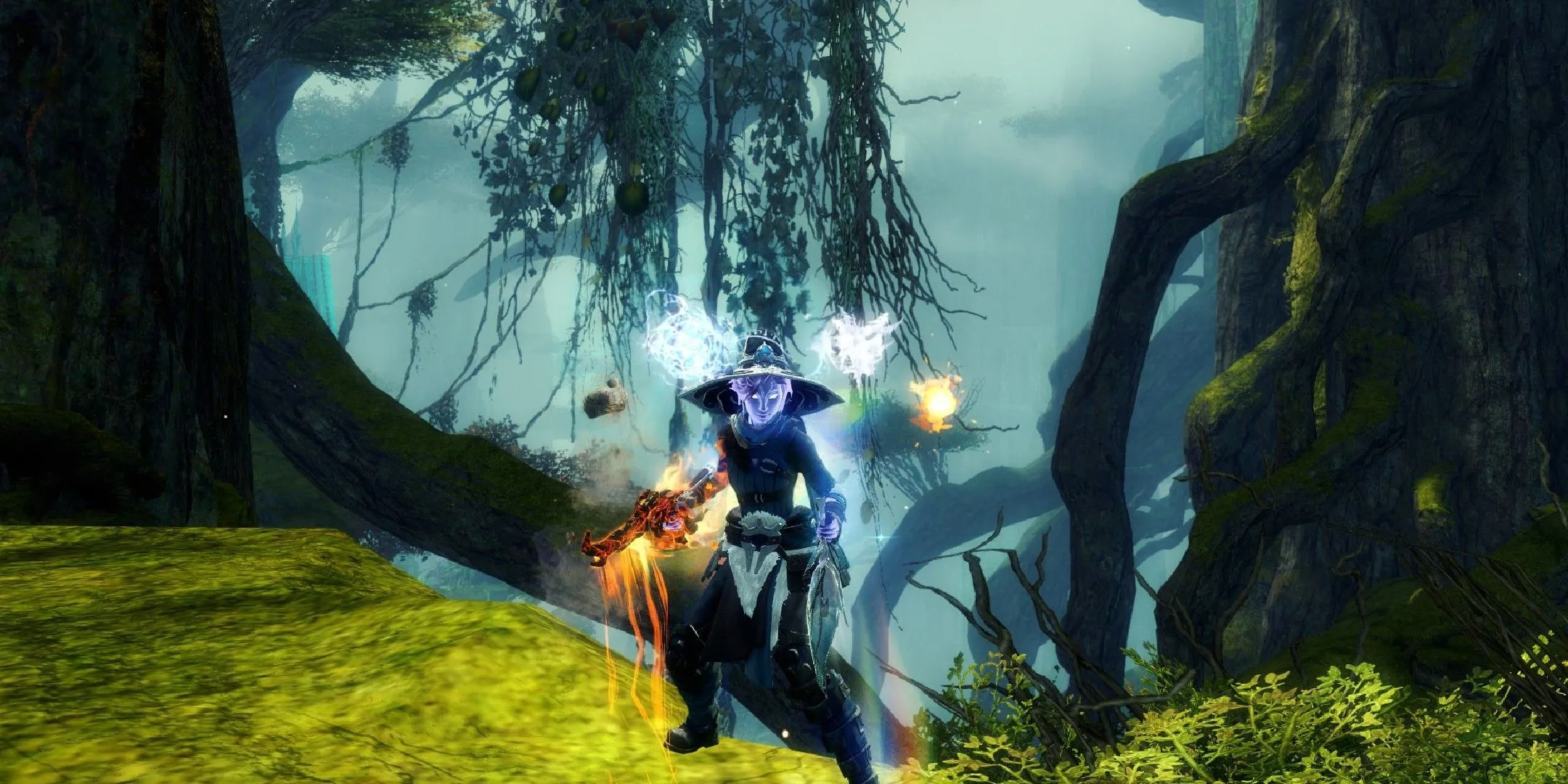 Một nhân vật Elementalist trong Guild Wars 2 khoe trang phục và vũ khí độc đáo với hiệu ứng đạn nguyên tố, minh họa sự phát triển của hệ thống mỹ phẩm trong game.