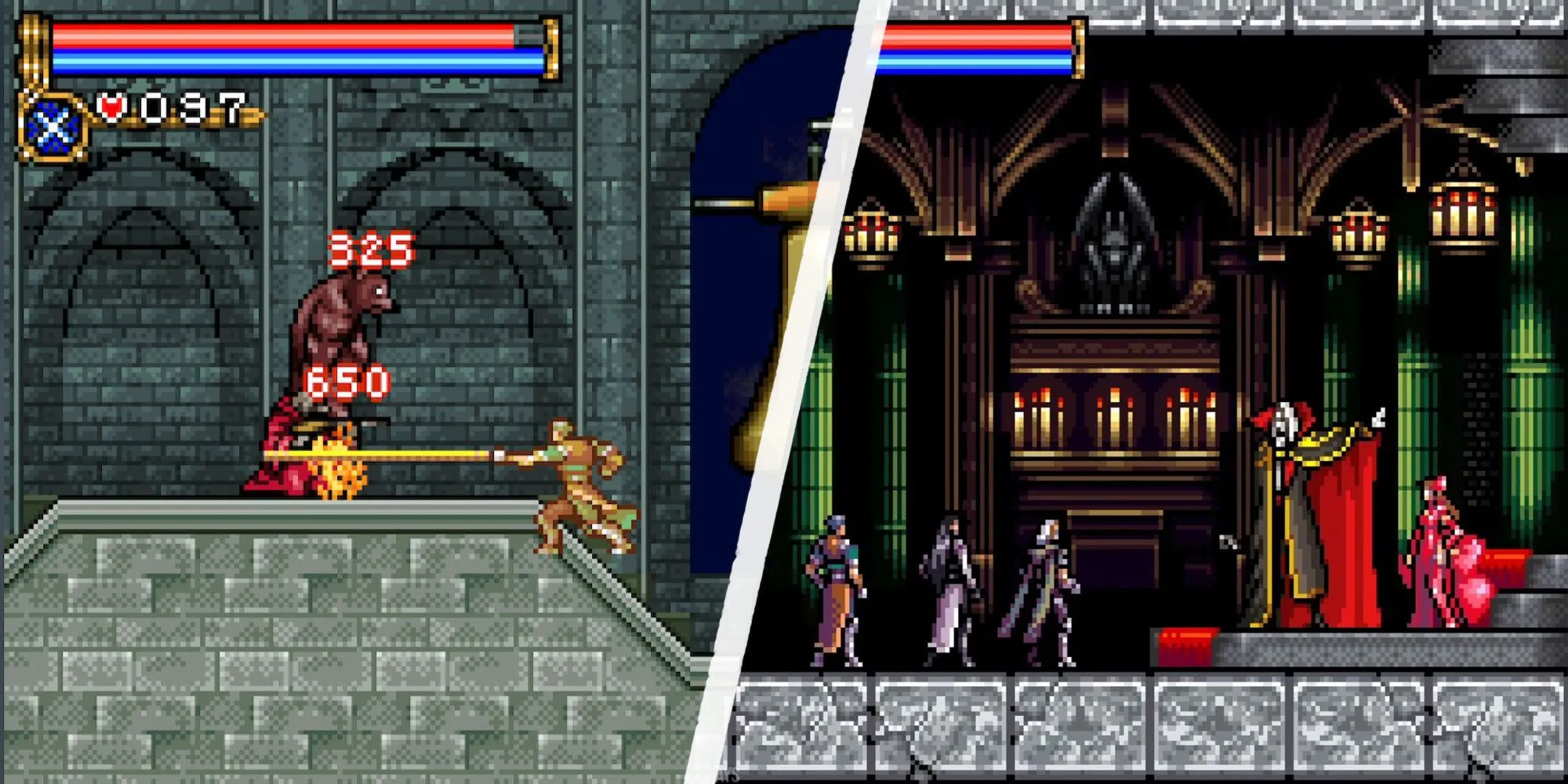Nathan đối đầu với Dracula trong Castlevania: Circle of the Moon trên Game Boy Advance, minh họa phong cách hành động Metroidvania của game.