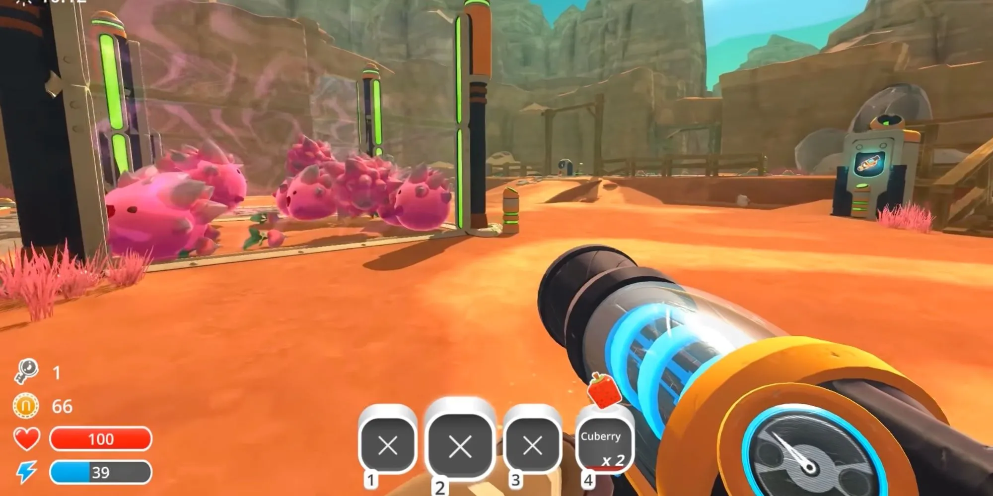 Người chơi sử dụng ống hút chân không để thu thập Slime trong Slime Rancher, game mô phỏng quản lý nông trại sinh vật