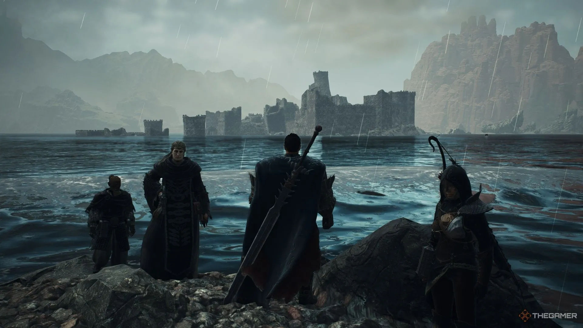 Nhân vật Arisen cùng đội Pawn của mình ngắm nhìn Đền Thờ Chìm trong Dragon's Dogma 2