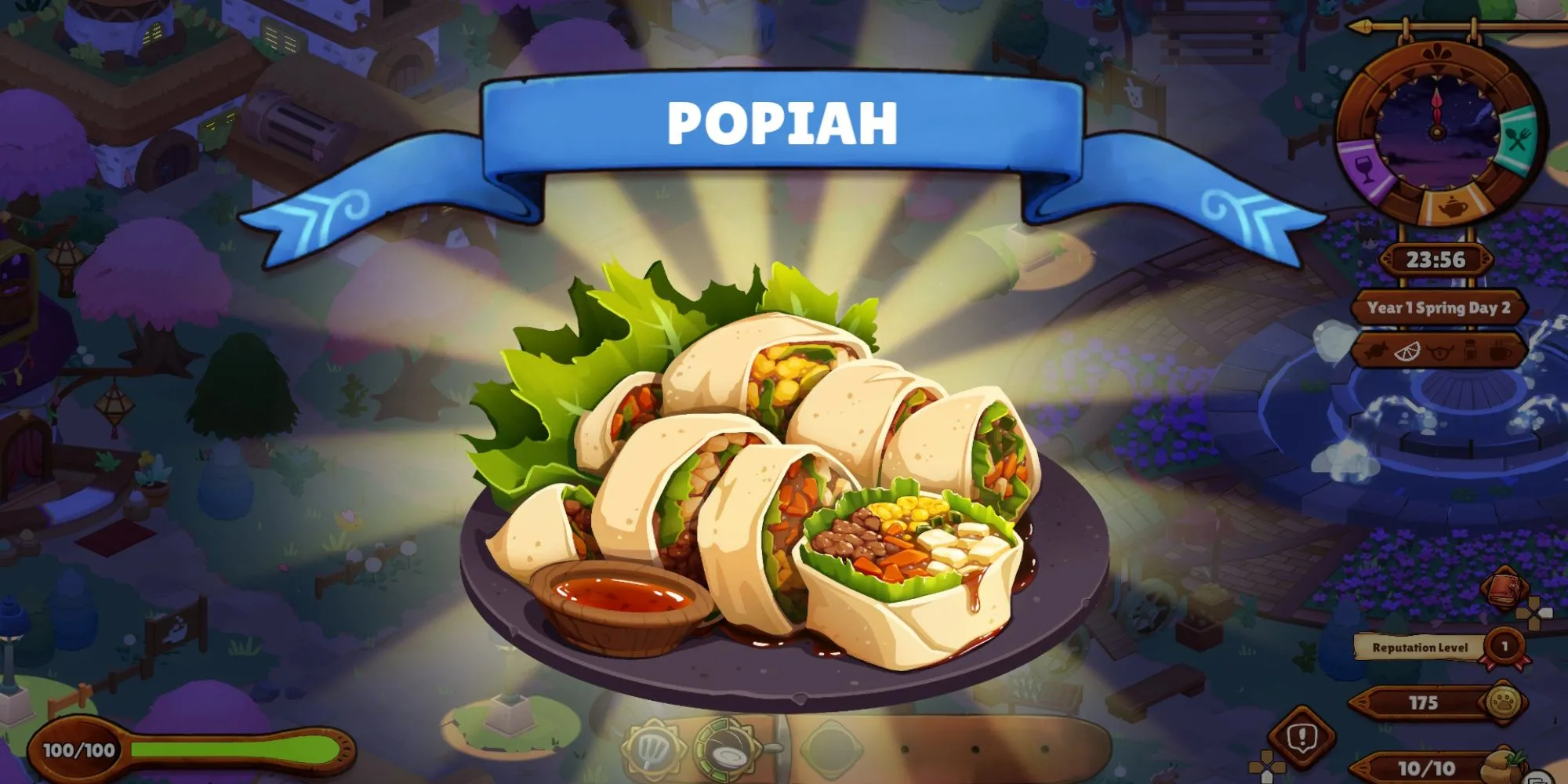 Nhân vật chính Pom đang phục vụ khách trong nhà hàng trong game Cuisineer, thể hiện gameplay quản lý