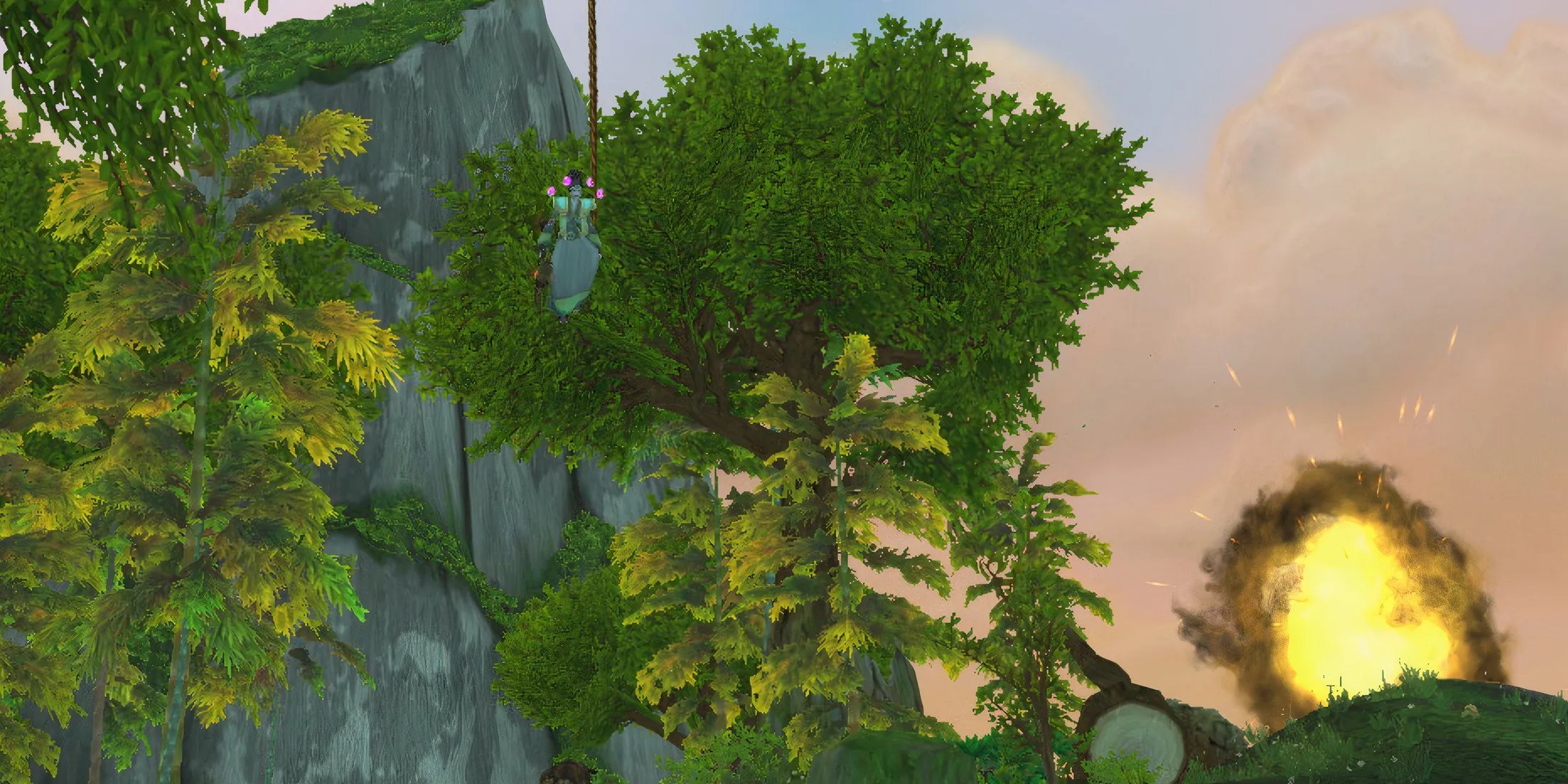 Nhân vật Horde tiếp đất tại Rừng Ngọc Bích sau cuộc giao tranh trên không trong World of Warcraft Mists of Pandaria