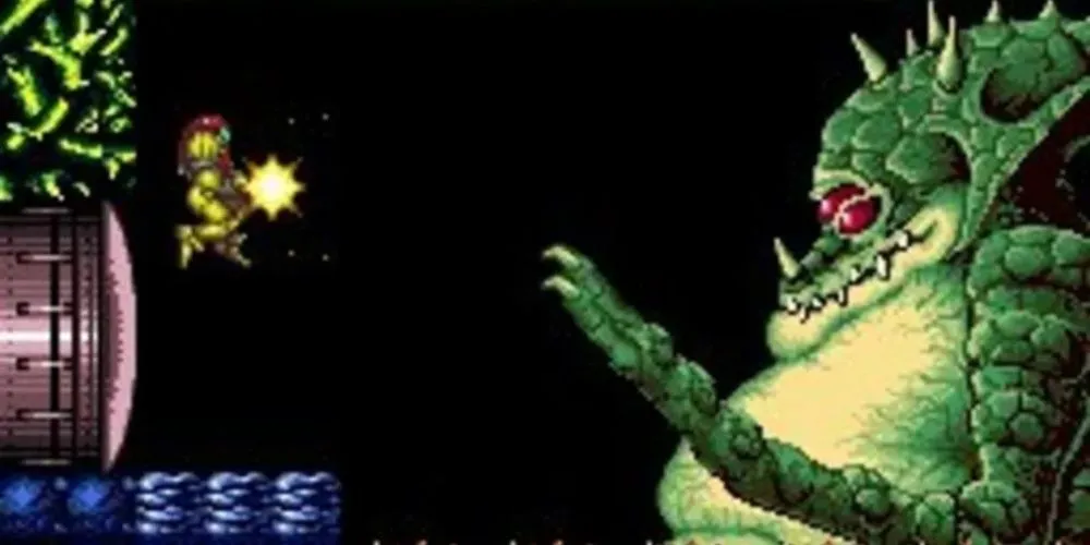 Nhân vật Samus Aran trong bộ giáp đặc trưng chuẩn bị bắn trong Super Metroid