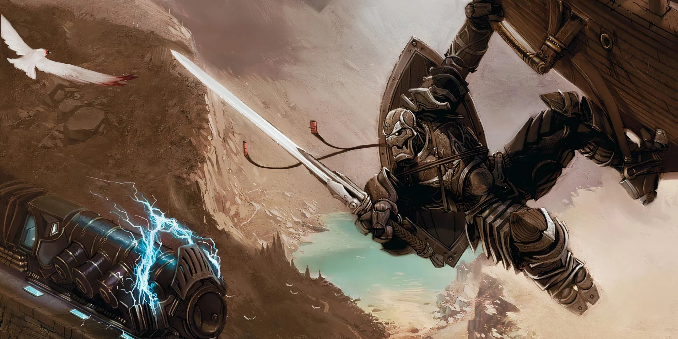 Nhân vật Warforged tấn công đoàn tàu trong thế giới Eberron của D&amp;D, minh họa trận chiến phức tạp cần cân bằng.