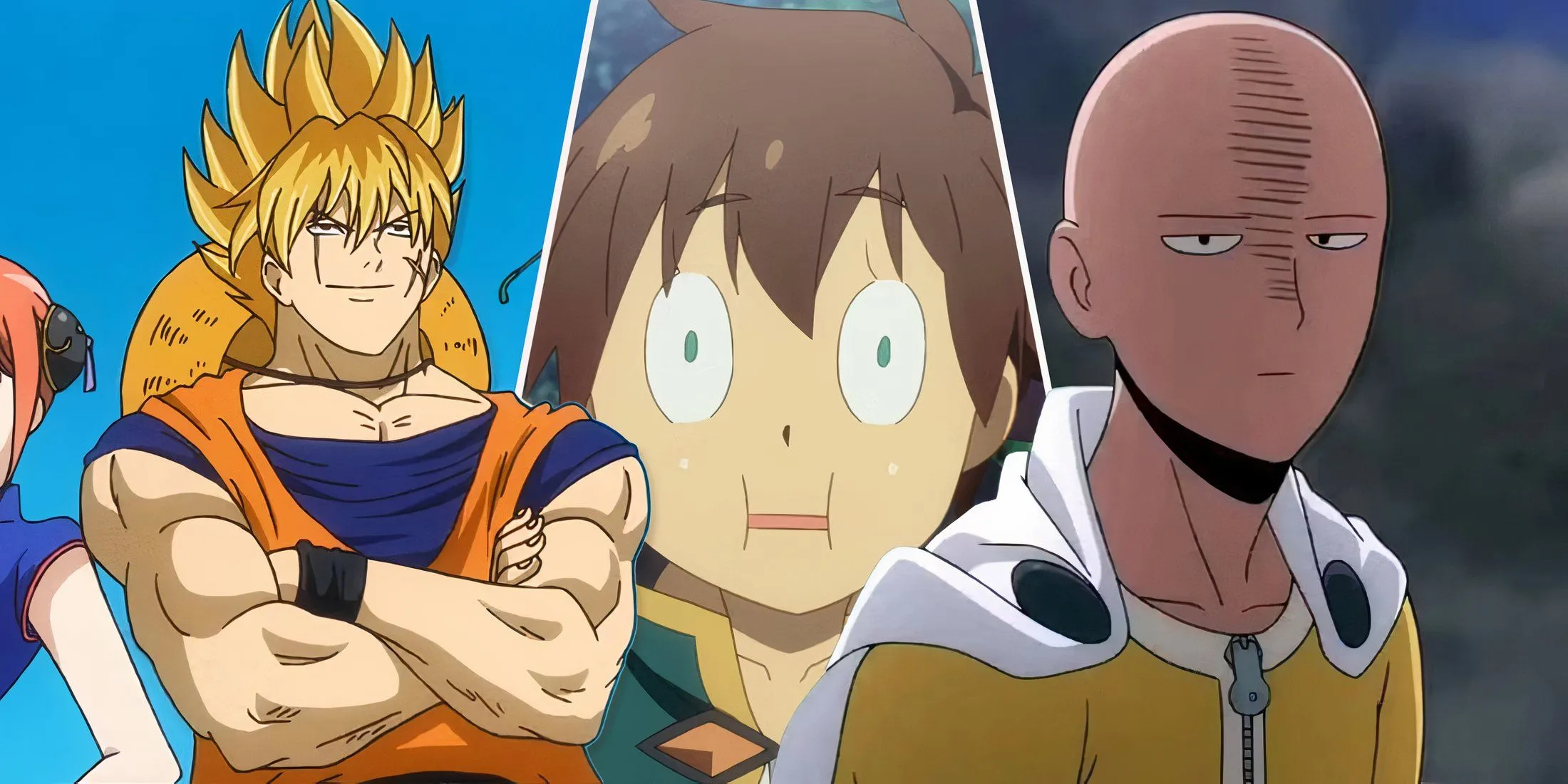 Nhiều nhân vật anime hài hước nổi tiếng từ các series như KonoSuba, Gintama và One Punch Man.