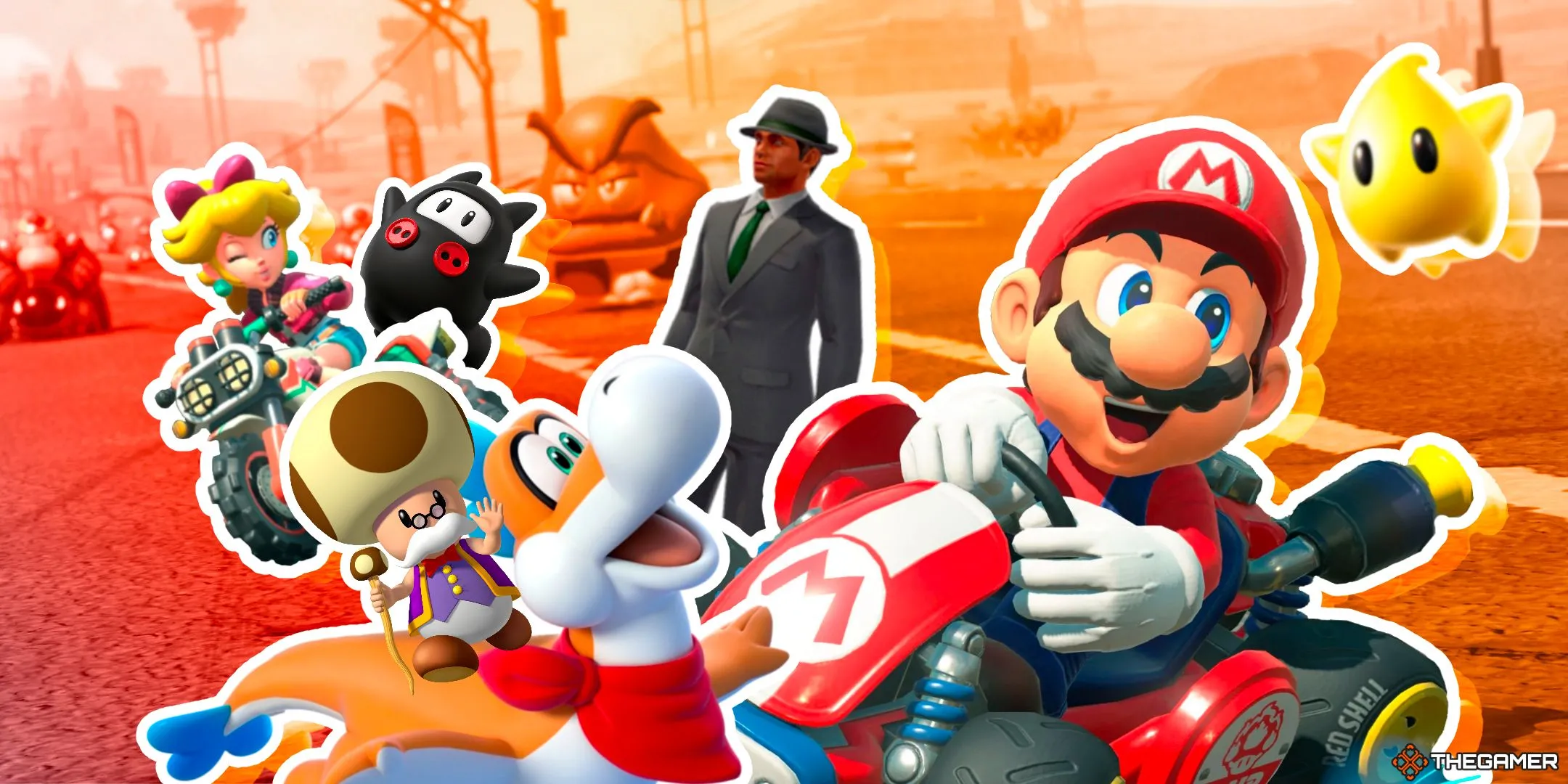 Peach và Mario cùng các nhân vật khác như Toadsworth, Plessie, Ninji, Luma đua trên Mario Bros. Circuit trong Mario Kart World.