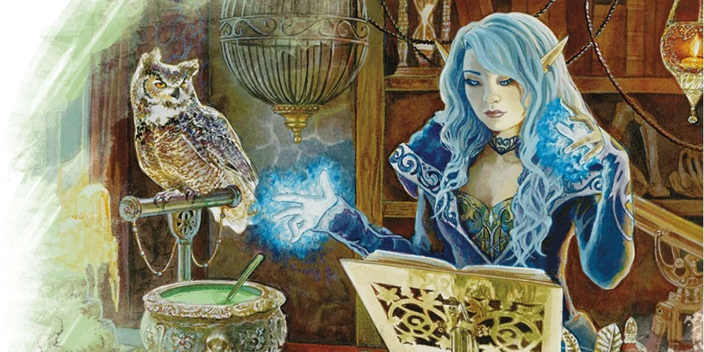 Pháp sư Enchanter Elf cùng cú quen thuộc, minh họa khả năng mê hoặc và kiểm soát chiến trường của lớp này.