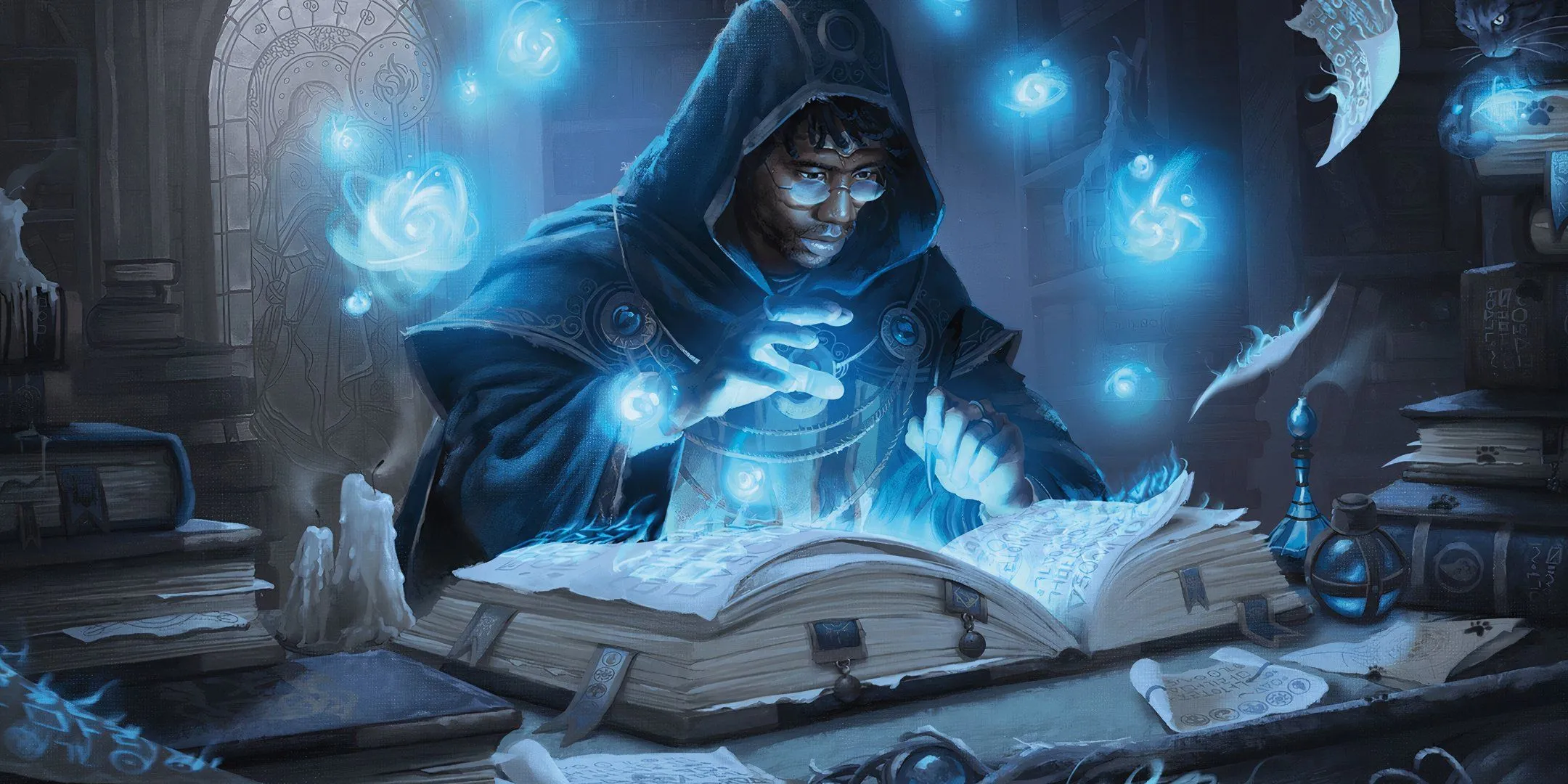 Pháp sư Transmuter đang nghiên cứu sách phép thuật cổ, minh họa chuyên môn biến đổi trong Dungeons & Dragons.