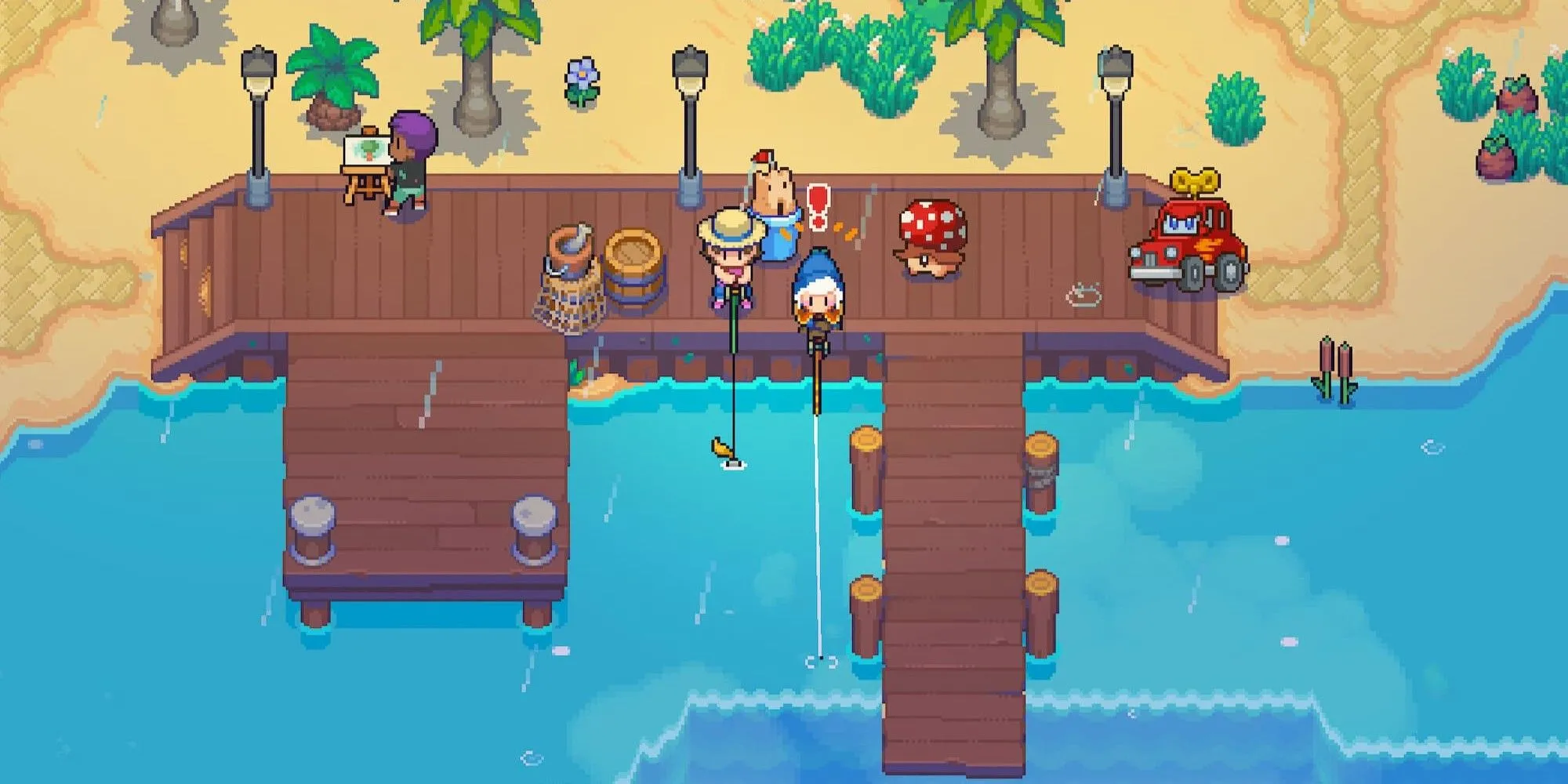 Phong cách đồ họa pixel đáng yêu khi câu cá trong Moonstone Island, kết hợp yếu tố nông trại và thu thập quái vật
