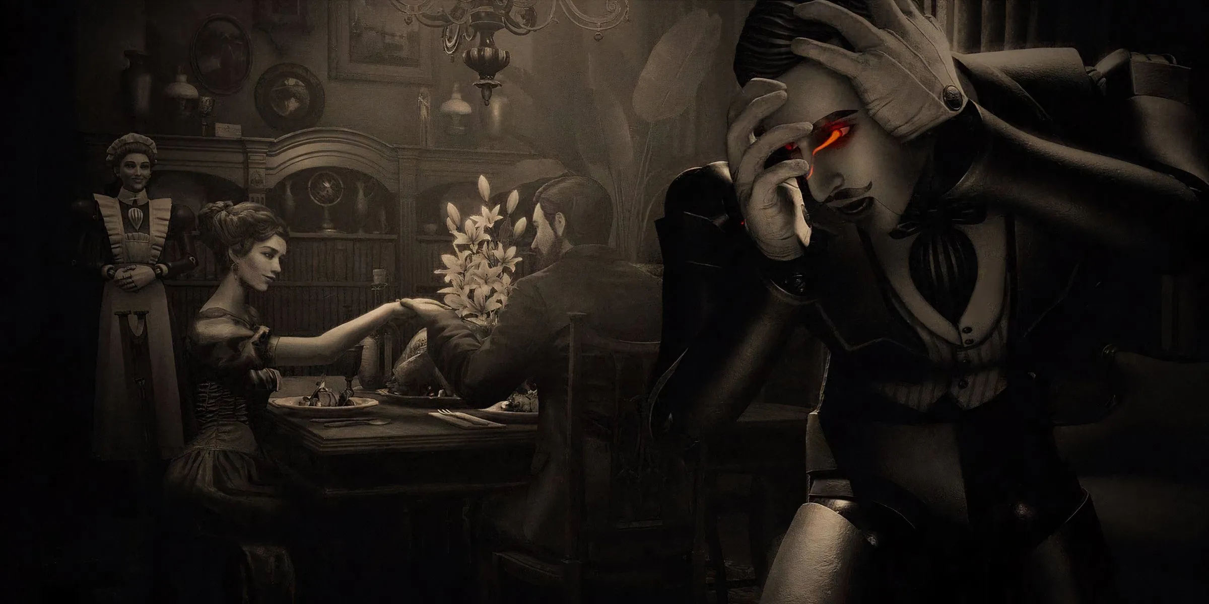 Phong cảnh game Lies of P với kiến trúc Gothic và bầu trời u ám, thể hiện đồ họa Soulslike chất lượng cao