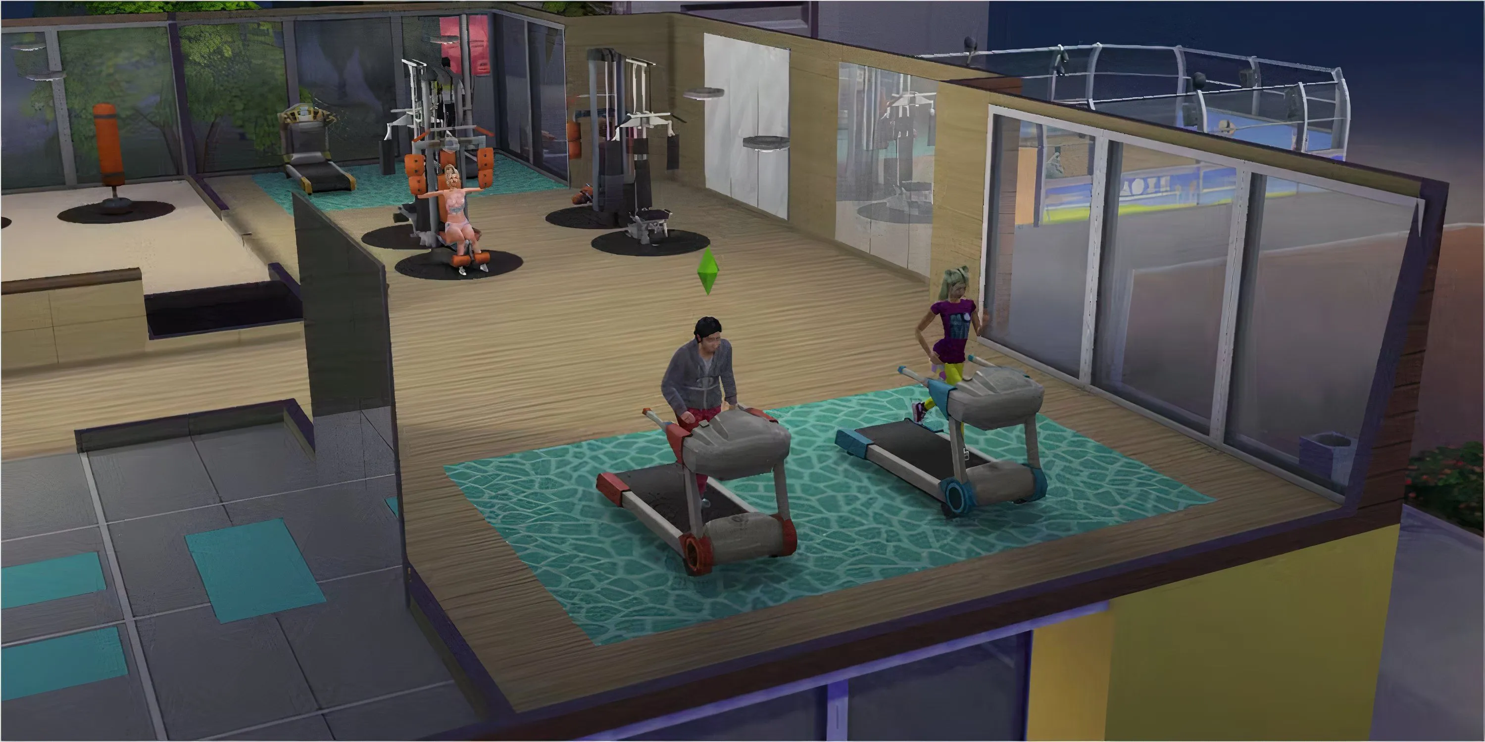 Phòng Gym Pectoral Fitness trong The Sims 4 Get Famous, với đầy đủ thiết bị tập luyện và hồ bơi hiện đại