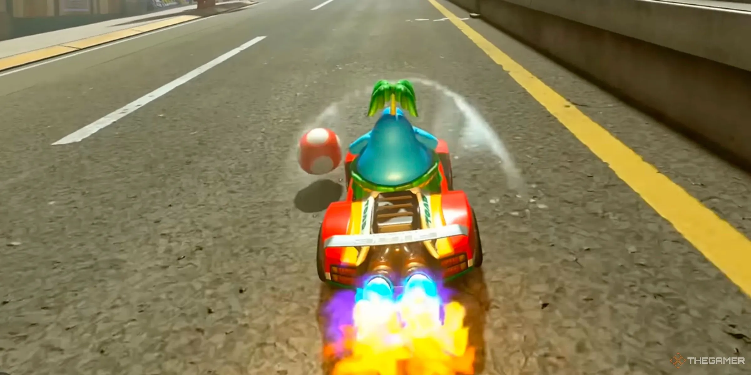 Pianta nhận tăng tốc Slipstream khi đang giữ Nấm tại đường đua Crown City trong Mario Kart World.