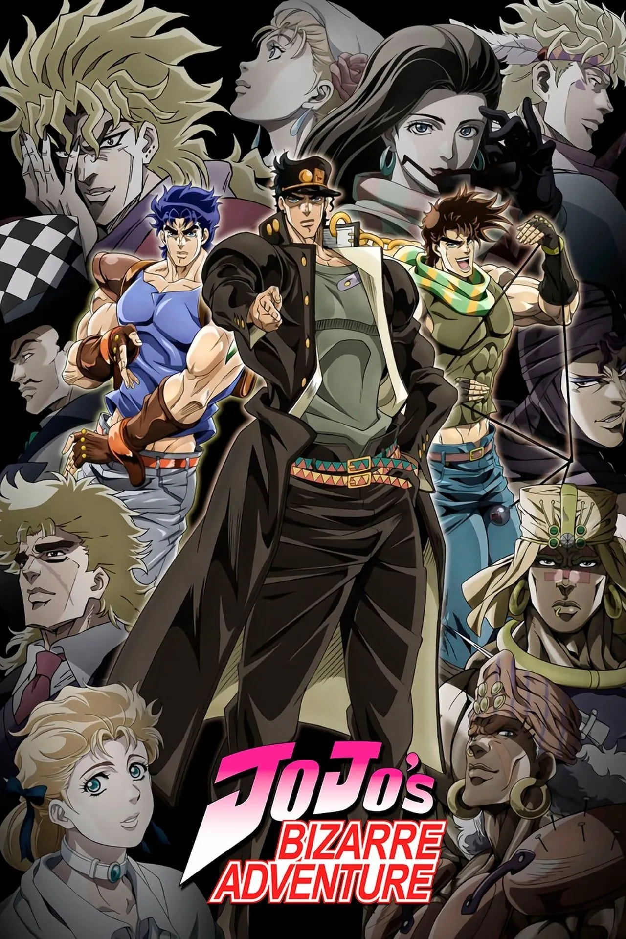 Poster tổng hợp của JoJo's Bizarre Adventure (2012), minh họa sự đa dạng trong thiết kế nhân vật và thế giới.