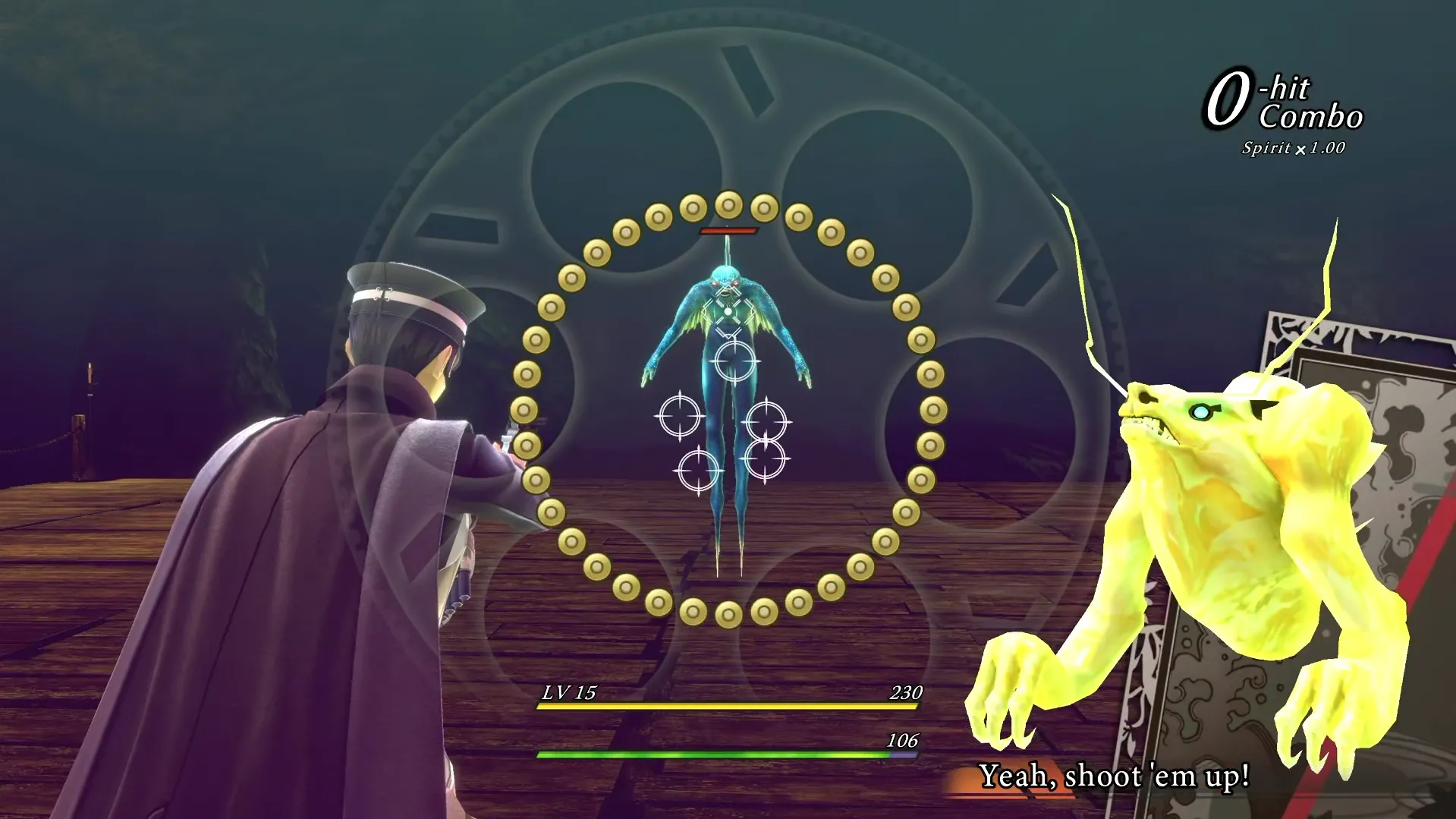 Raidou Kuzunoha đang bắn súng vào kẻ địch trong một trận chiến trong game RAIDOU Remastered