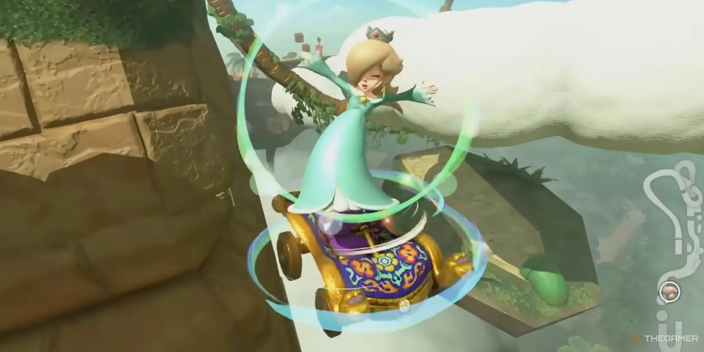 Rosalina dùng Charge Jump nhảy xuống từ khu di tích Great Question Block Ruins để đi tắt trong Mario Kart World.