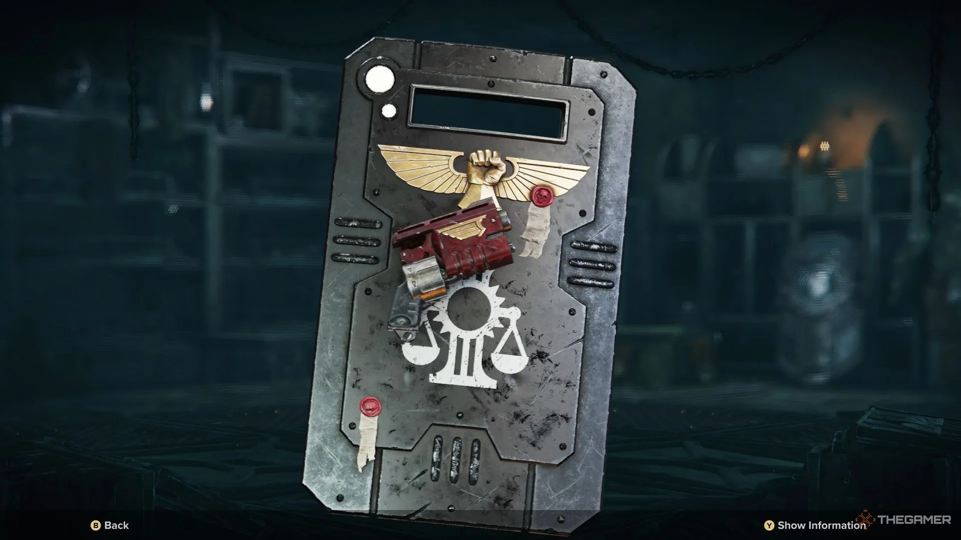 Subductor Shotpistol kết hợp Riot Shield trong giao diện trang bị của Darktide.