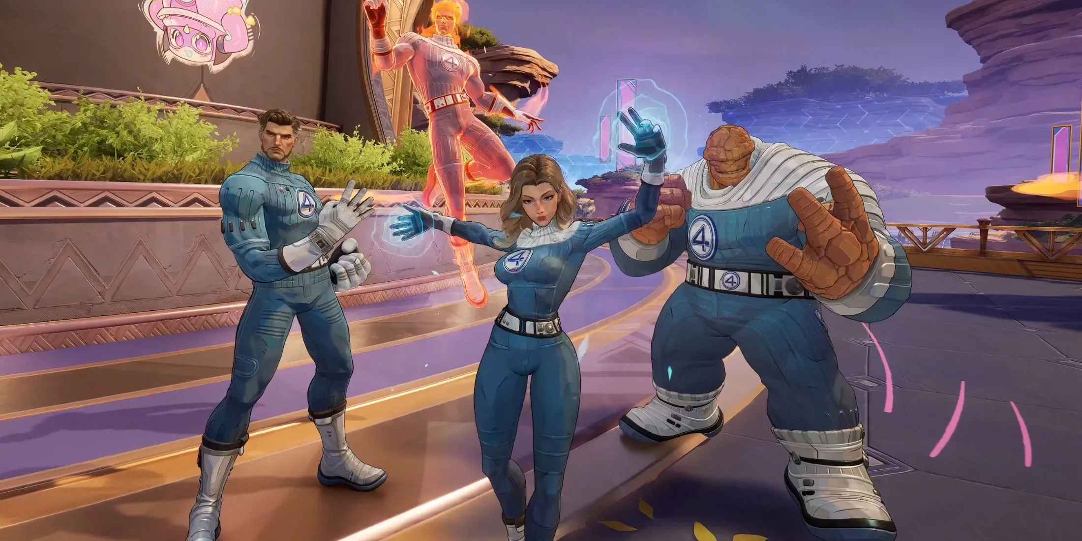 Tạo hình bốn nhân vật Fantastic Four trong Marvel Rivals, thể hiện chi tiết thiết kế asset trong Unreal Engine 5.