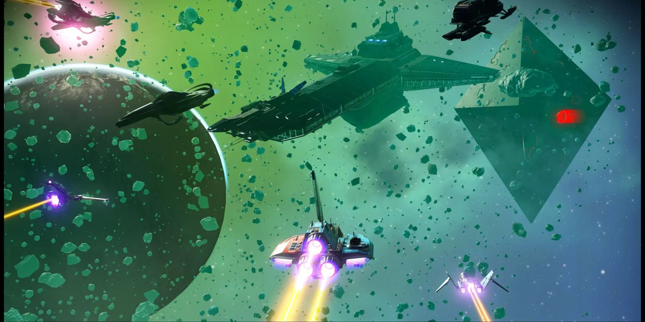 Tàu tuần dương khổng lồ di chuyển trong không gian No Man's Sky, biểu tượng cho hệ thống tàu chiến và tiềm năng chiến thuật trong game