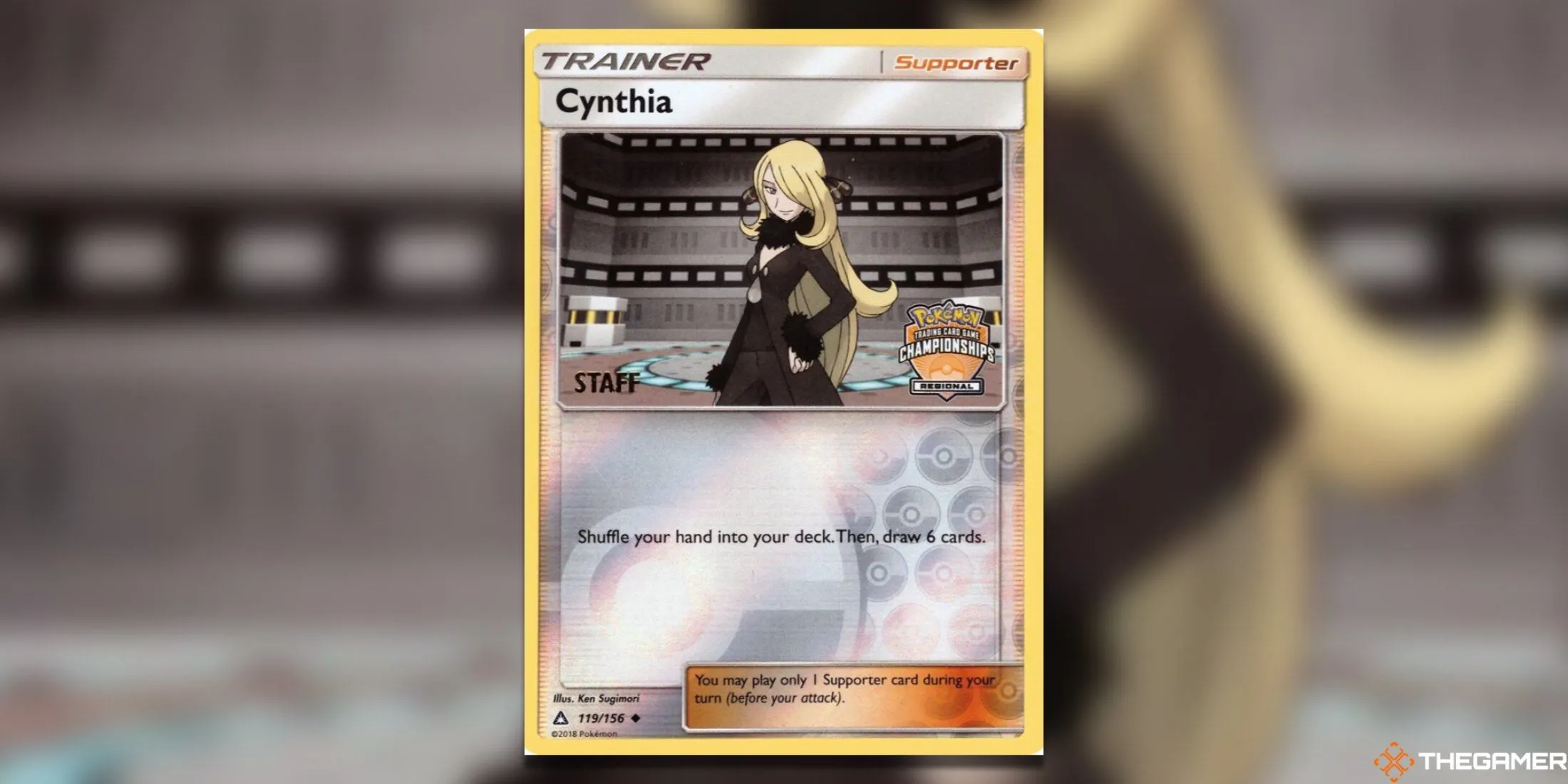 Thẻ bài Pokémon TCG Cynthia 119 Staff promo từ giải Regional Championship.